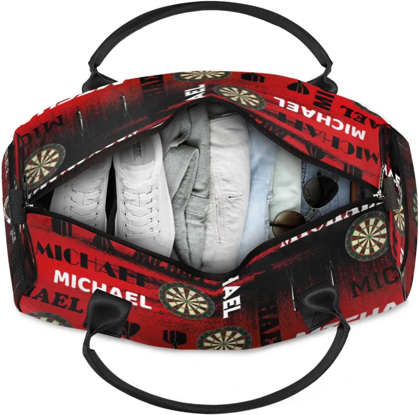 Personalized Darts Sport Duffel Bag with Name, Custom Gym Bag Customized Text Overnight Weekender Bag for Women Men, Black Red