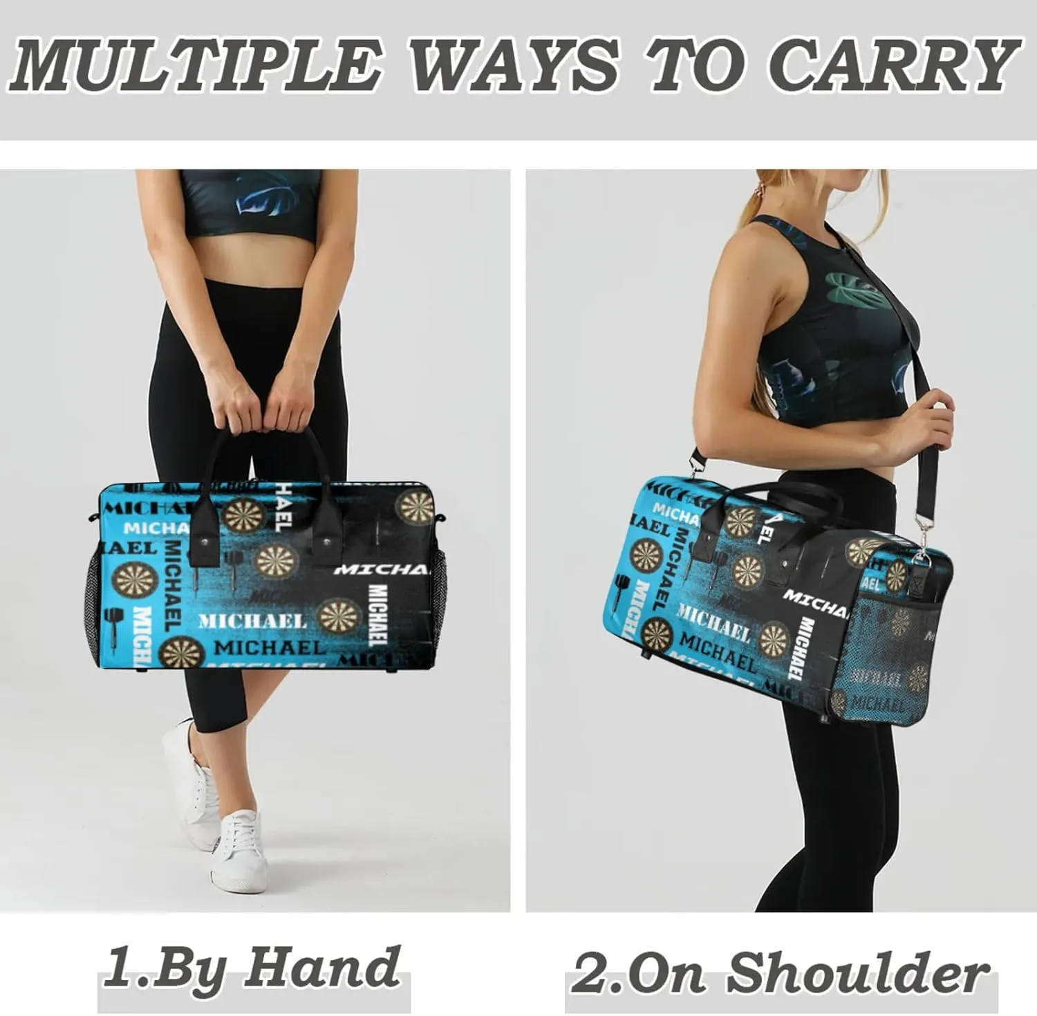 Personalized Darts Sport Duffel Bag with Name, Custom Gym Bag Customized Text Overnight Weekender Bag for Women Men, Blue Black Print