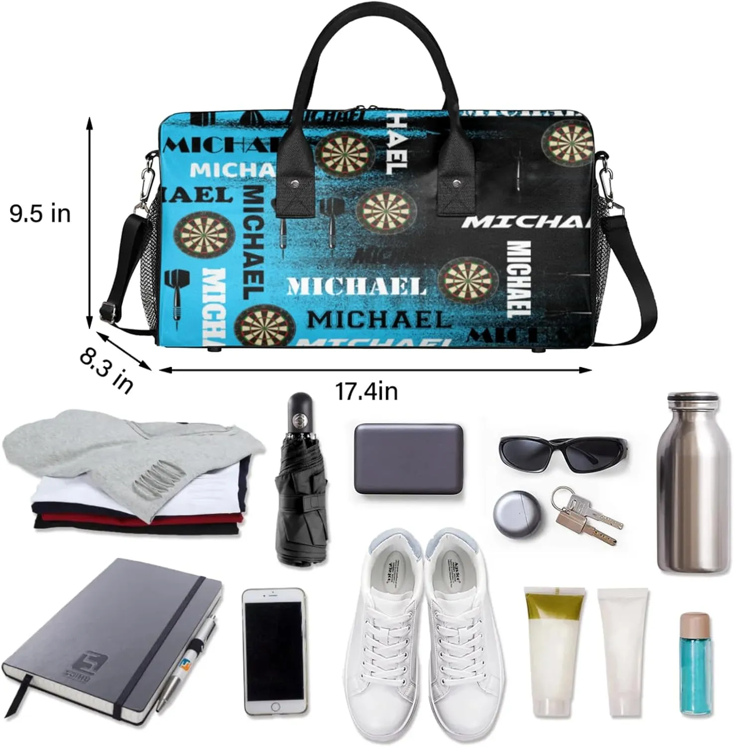 Personalized Darts Sport Duffel Bag with Name, Custom Gym Bag Customized Text Overnight Weekender Bag for Women Men, Blue Black Print