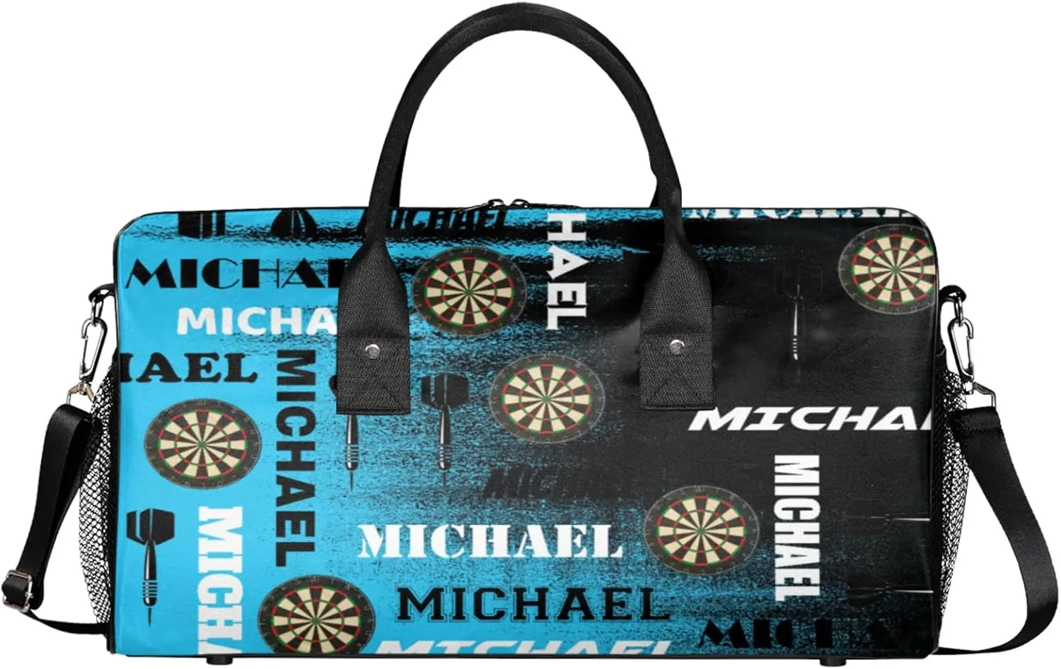Personalized Darts Sport Duffel Bag with Name, Custom Gym Bag Customized Text Overnight Weekender Bag for Women Men, Blue Black Print