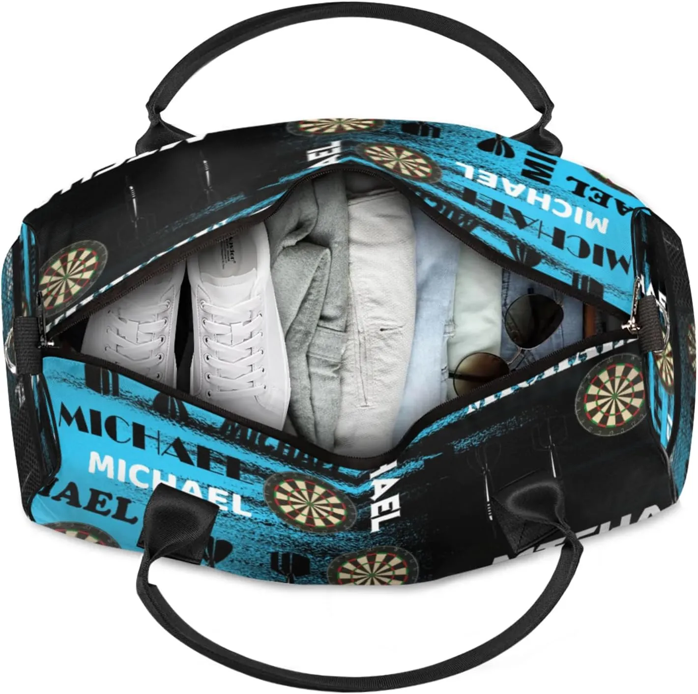 Personalized Darts Sport Duffel Bag with Name, Custom Gym Bag Customized Text Overnight Weekender Bag for Women Men, Blue Black Print