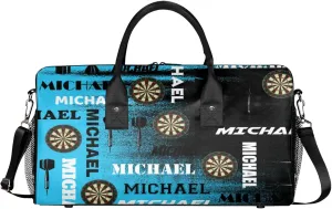 Personalized Darts Sport Duffel Bag with Name, Custom Gym Bag Customized Text Overnight Weekender Bag for Women Men, Blue Black Print