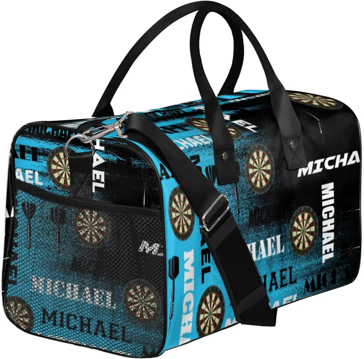 Personalized Darts Sport Duffel Bag with Name, Custom Gym Bag Customized Text Overnight Weekender Bag for Women Men, Blue Black Print