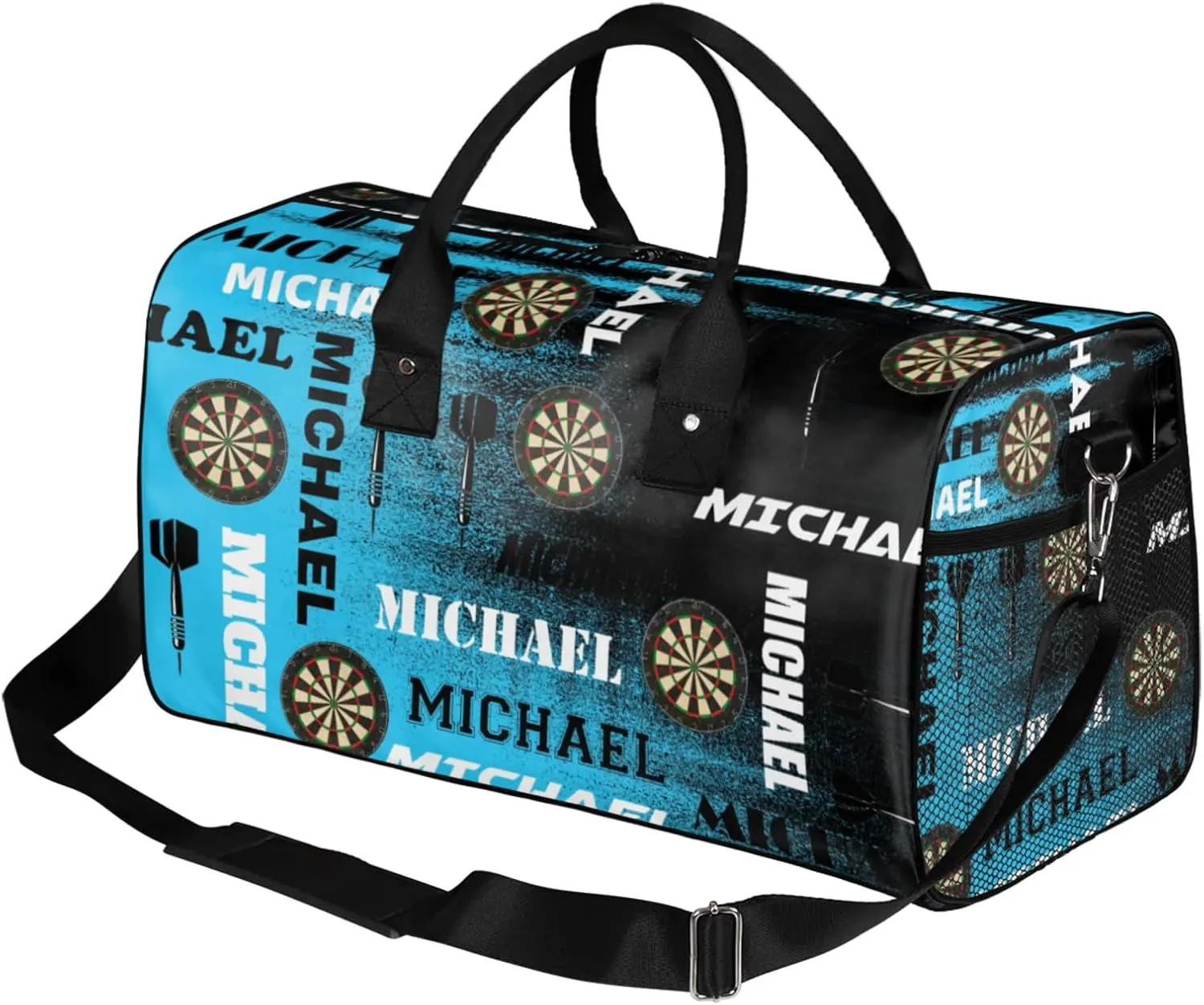 Personalized Darts Sport Duffel Bag with Name, Custom Gym Bag Customized Text Overnight Weekender Bag for Women Men, Blue Black Print