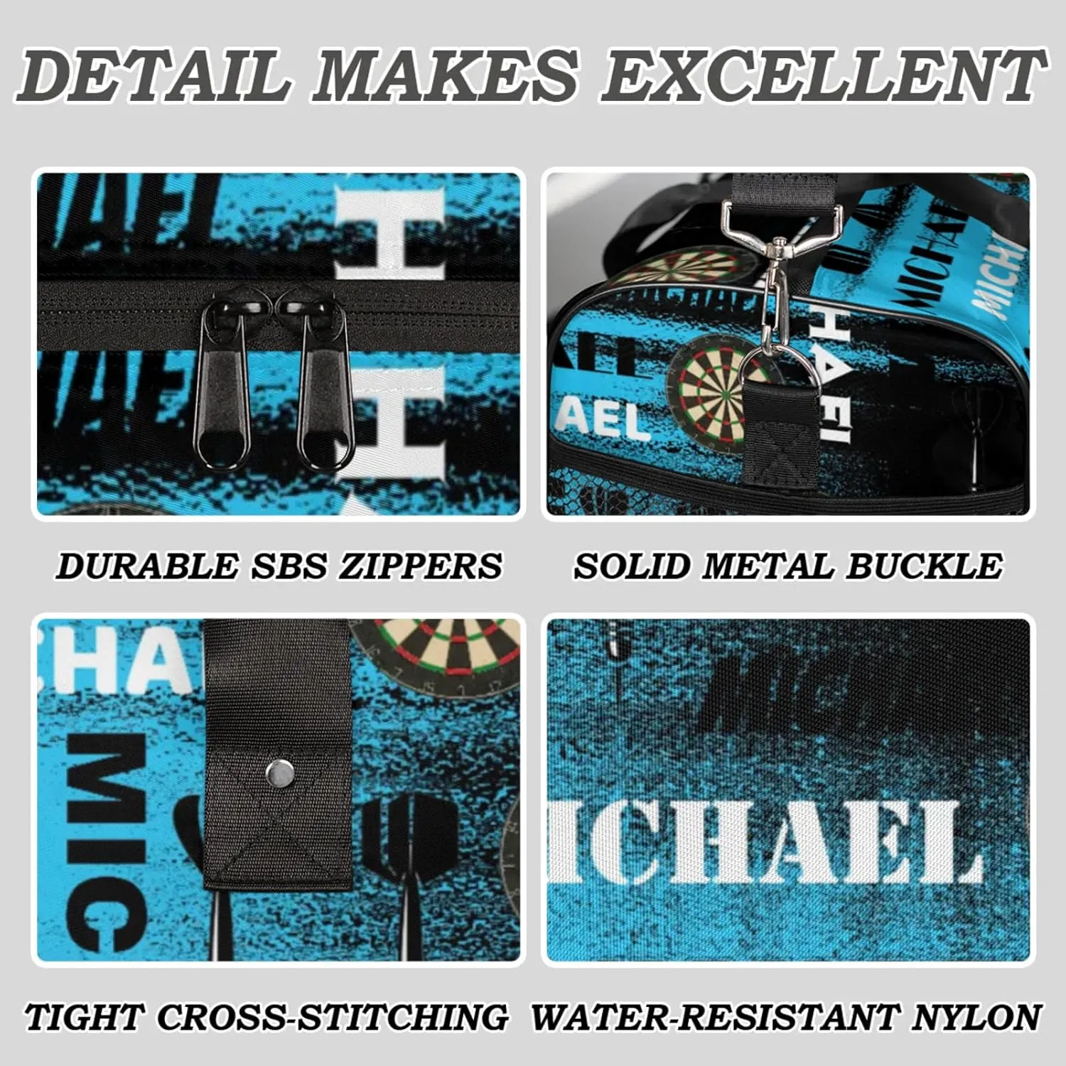 Personalized Darts Sport Duffel Bag with Name, Custom Gym Bag Customized Text Overnight Weekender Bag for Women Men, Blue Black Print