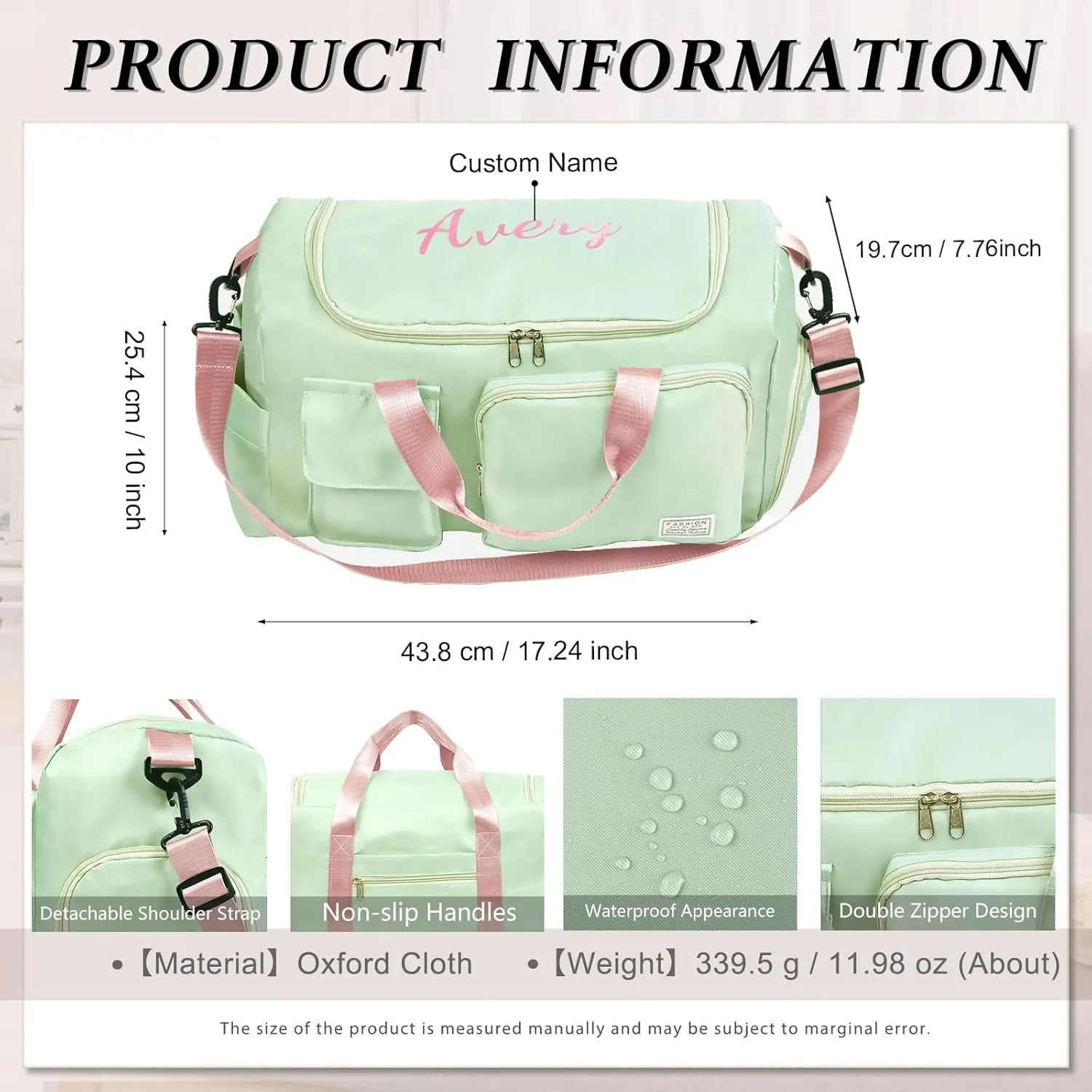 Personalized Duffel Bag | Custom Name Gym Bag with Shoes Pockets, Oxford Cloth Sports Bag Weekender Overnight Traveling Bag for Women Men(Green)