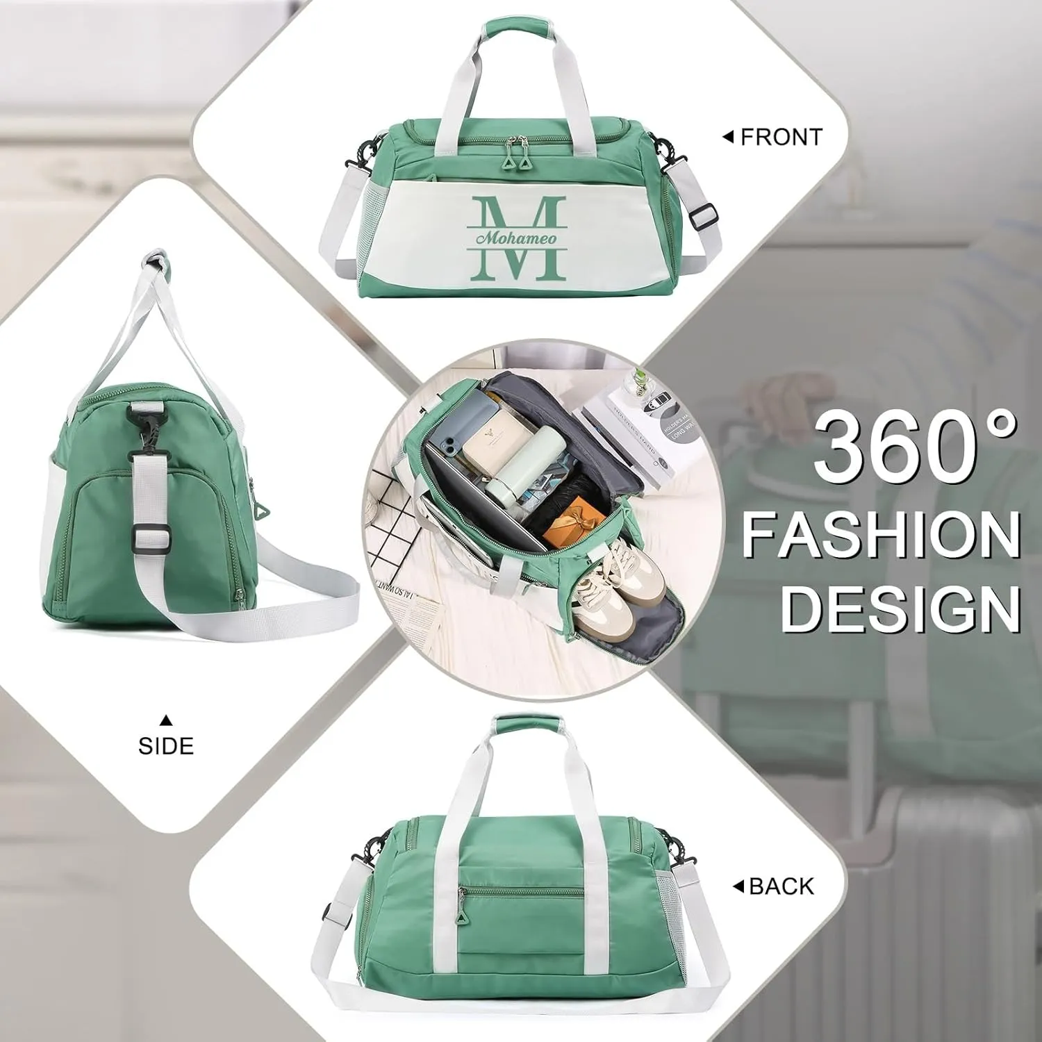 Personalized Duffel Bag - Custom Travel Bag with Name - Initial Weekender Bags Monogram Overnight Bag Sport Gym Bags for Women (Green)