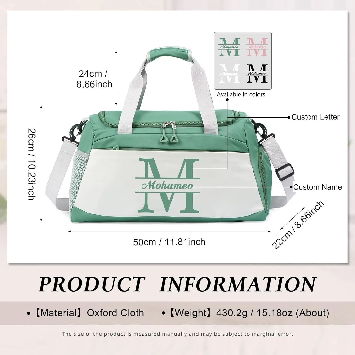 Personalized Duffel Bag - Custom Travel Bag with Name - Initial Weekender Bags Monogram Overnight Bag Sport Gym Bags for Women (Green)