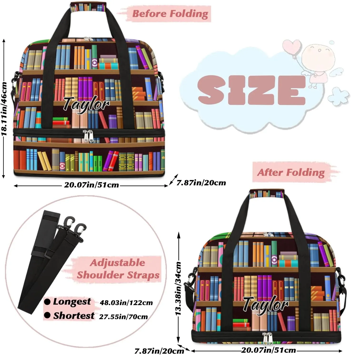 Personalized Duffel Bag with Name, Custom Bookshelf Book Travel Sports Gym Yoga Beach Bag Customized Weekender Overnight Bag with Shoes Compartment for Women, Library Book