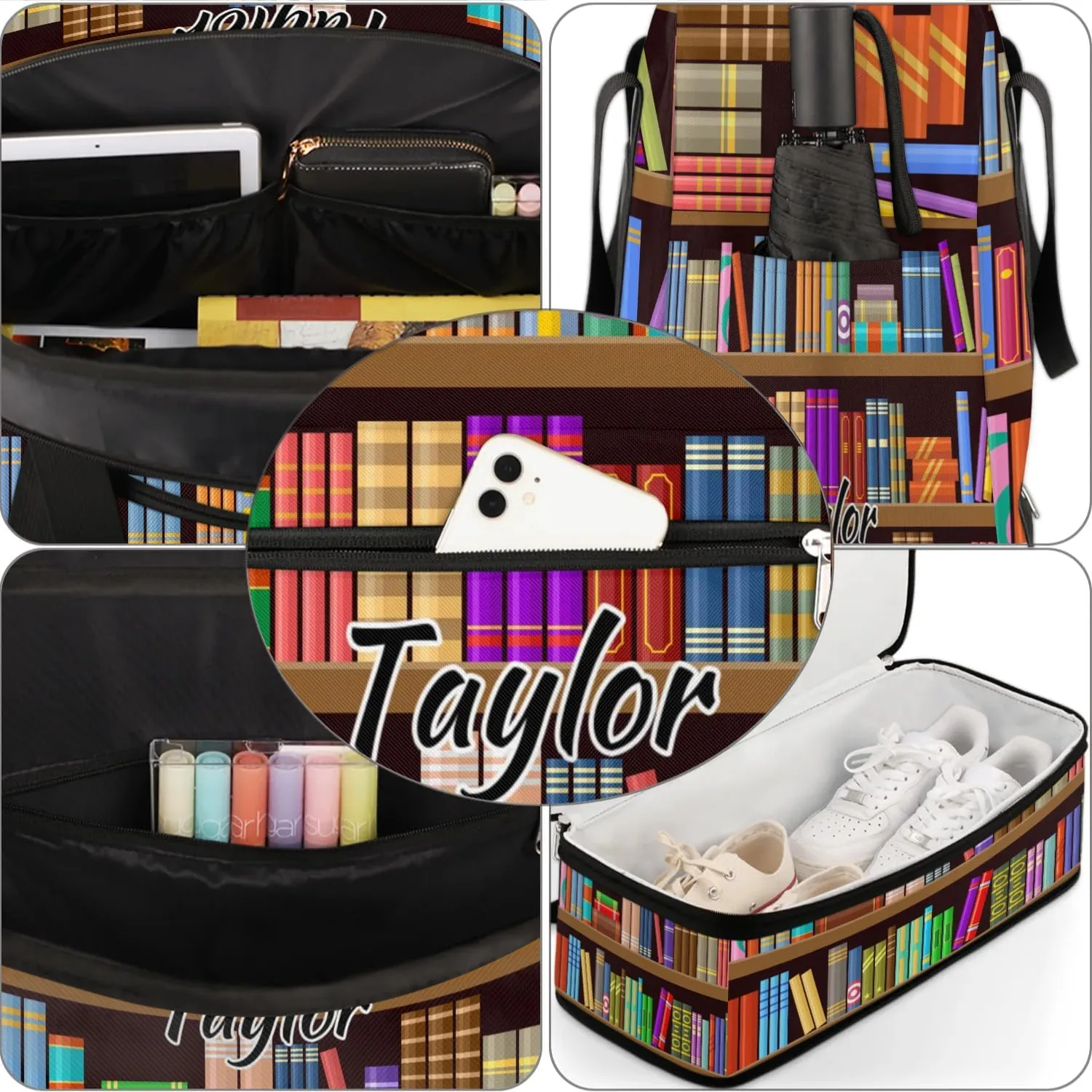 Personalized Duffel Bag with Name, Custom Bookshelf Book Travel Sports Gym Yoga Beach Bag Customized Weekender Overnight Bag with Shoes Compartment for Women, Library Book