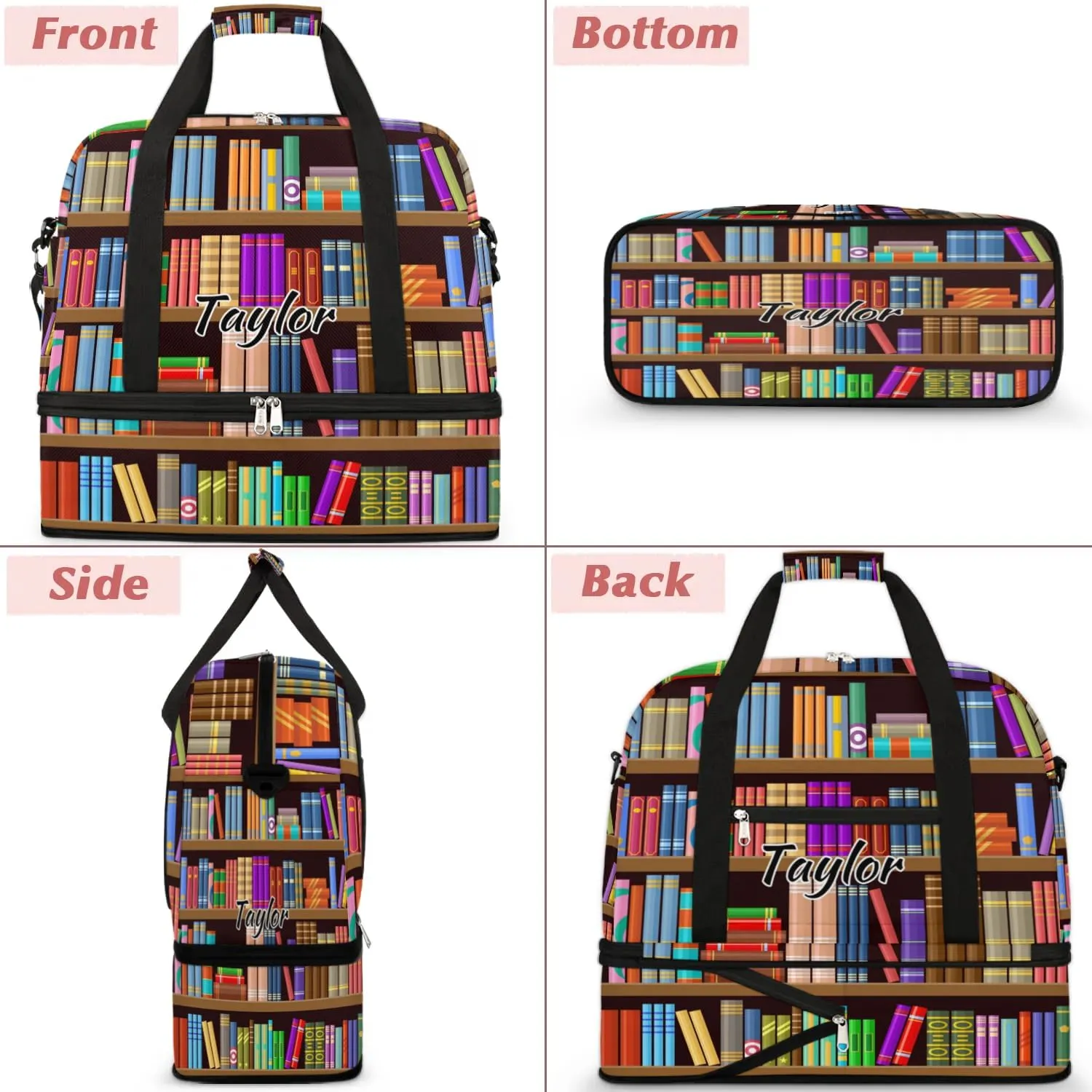 Personalized Duffel Bag with Name, Custom Bookshelf Book Travel Sports Gym Yoga Beach Bag Customized Weekender Overnight Bag with Shoes Compartment for Women, Library Book