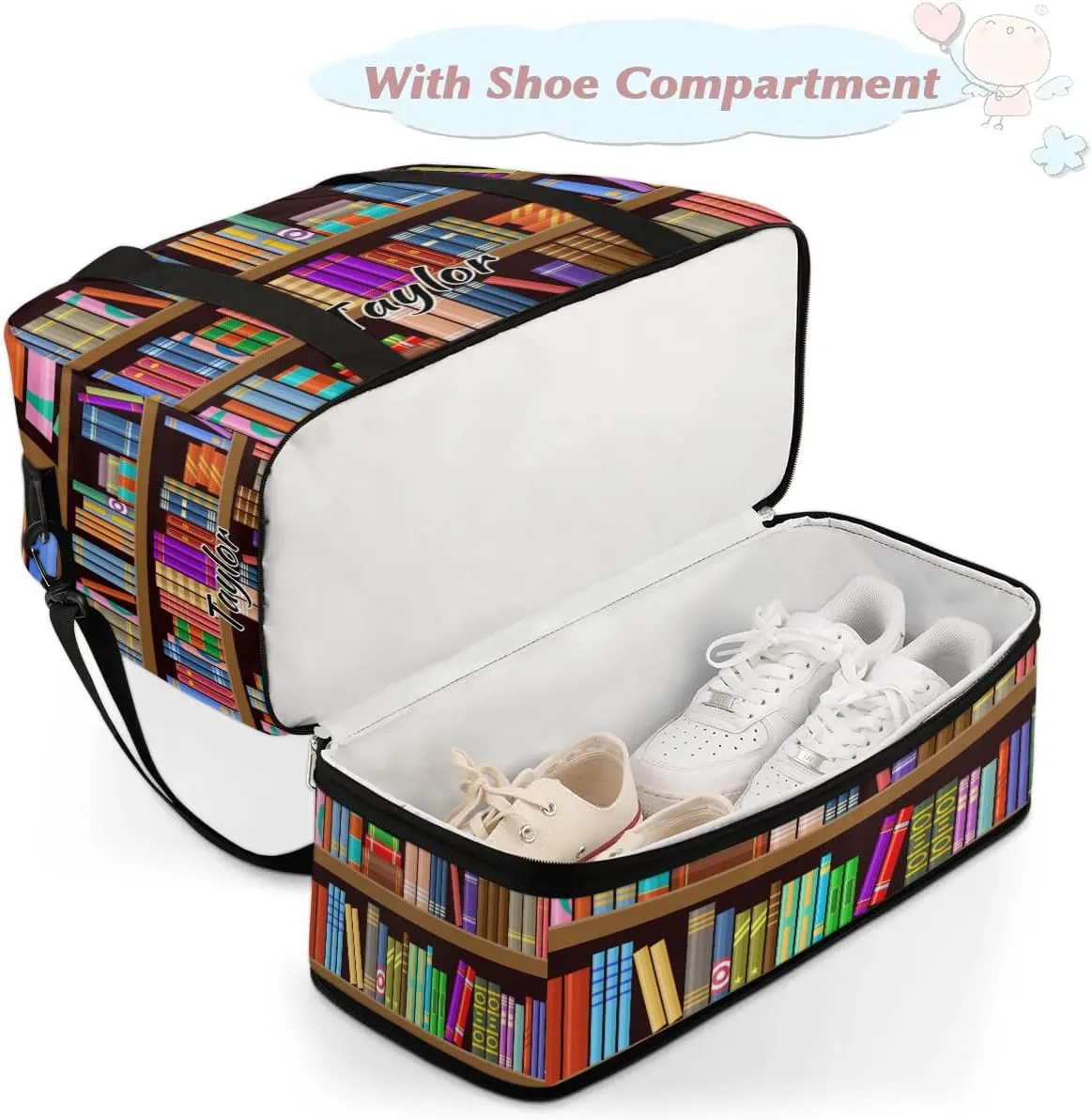 Personalized Duffel Bag with Name, Custom Bookshelf Book Travel Sports Gym Yoga Beach Bag Customized Weekender Overnight Bag with Shoes Compartment for Women, Library Book