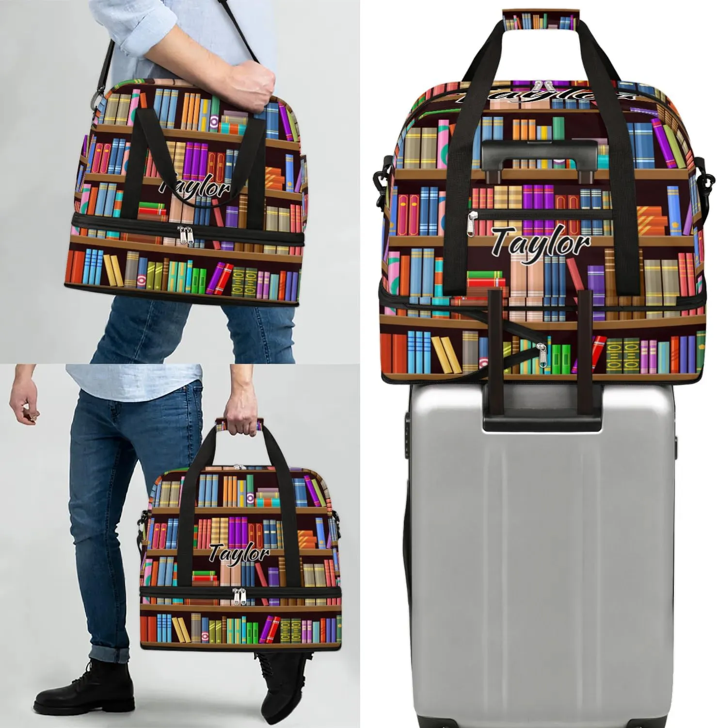 Personalized Duffel Bag with Name, Custom Bookshelf Book Travel Sports Gym Yoga Beach Bag Customized Weekender Overnight Bag with Shoes Compartment for Women, Library Book
