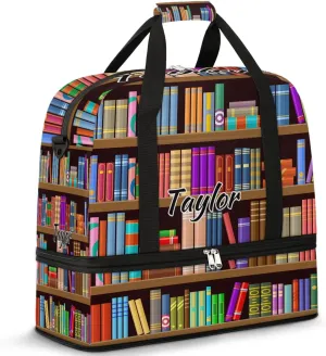 Personalized Duffel Bag with Name, Custom Bookshelf Book Travel Sports Gym Yoga Beach Bag Customized Weekender Overnight Bag with Shoes Compartment for Women, Library Book