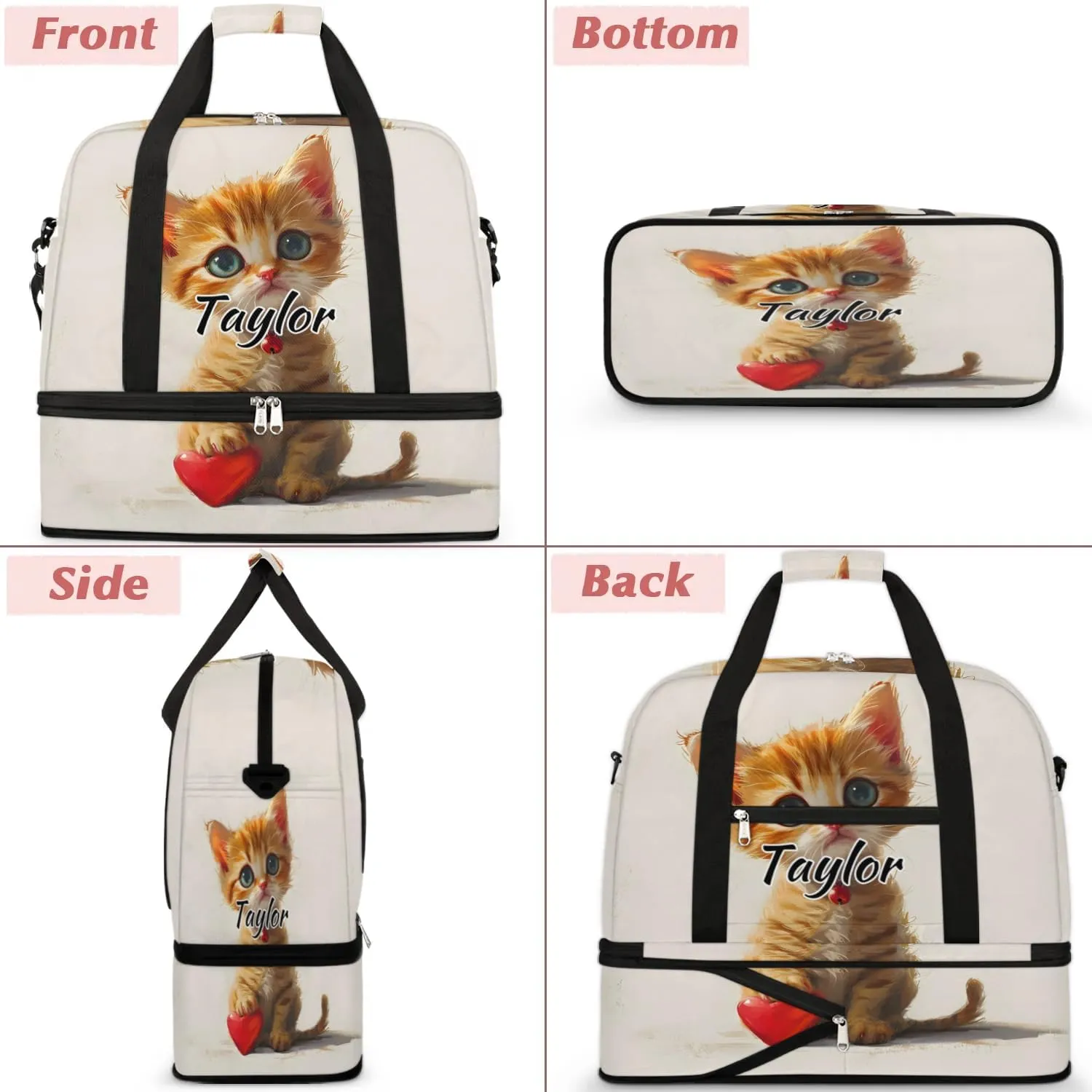 Personalized Duffel Bag with Name, Custom Cat Travel Sports Gym Yoga Beach Bag Customized Weekender Overnight Bag with Shoes Compartment for Women, Cute Cartoon Kitty