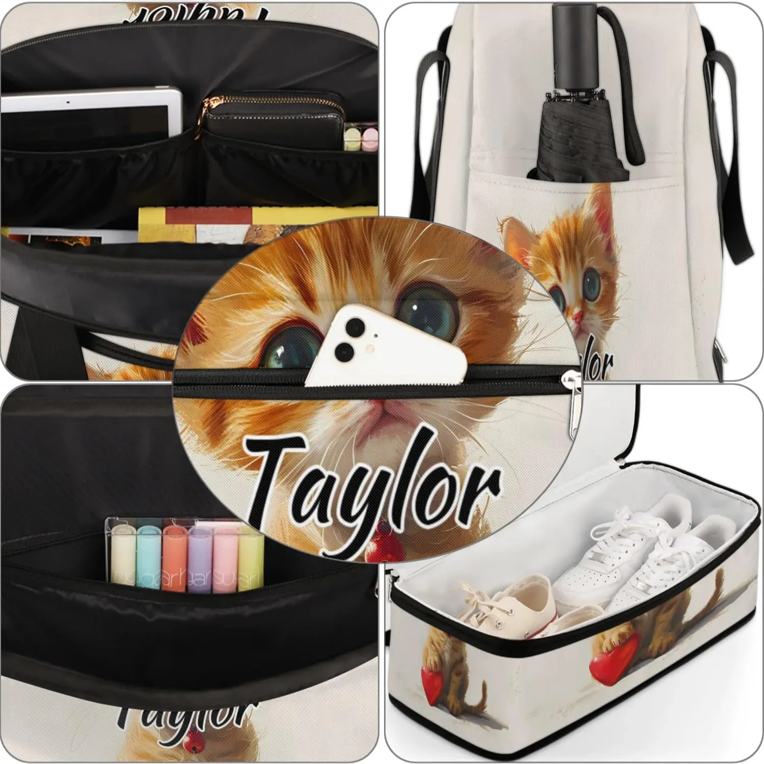 Personalized Duffel Bag with Name, Custom Cat Travel Sports Gym Yoga Beach Bag Customized Weekender Overnight Bag with Shoes Compartment for Women, Cute Cartoon Kitty