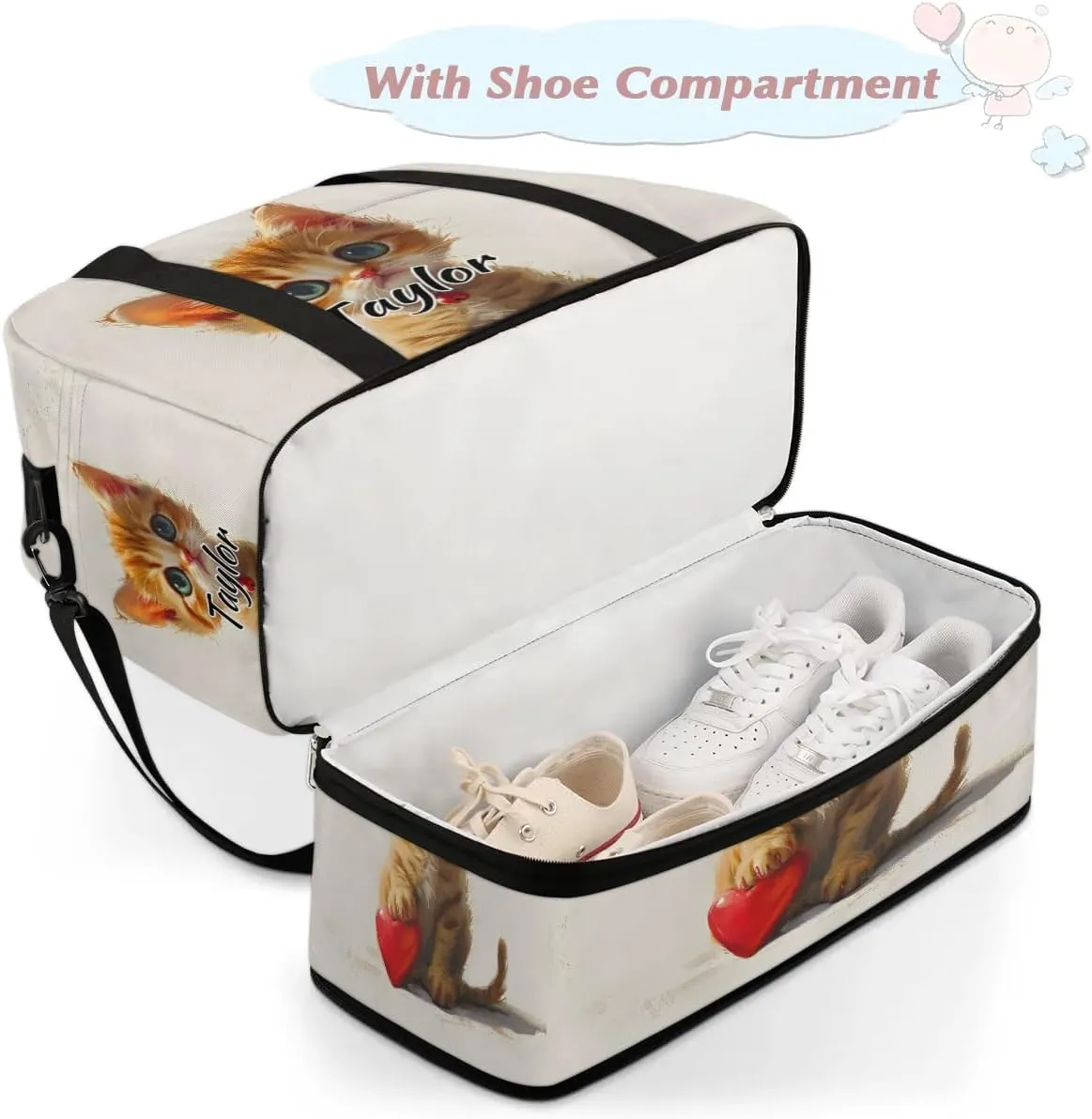 Personalized Duffel Bag with Name, Custom Cat Travel Sports Gym Yoga Beach Bag Customized Weekender Overnight Bag with Shoes Compartment for Women, Cute Cartoon Kitty