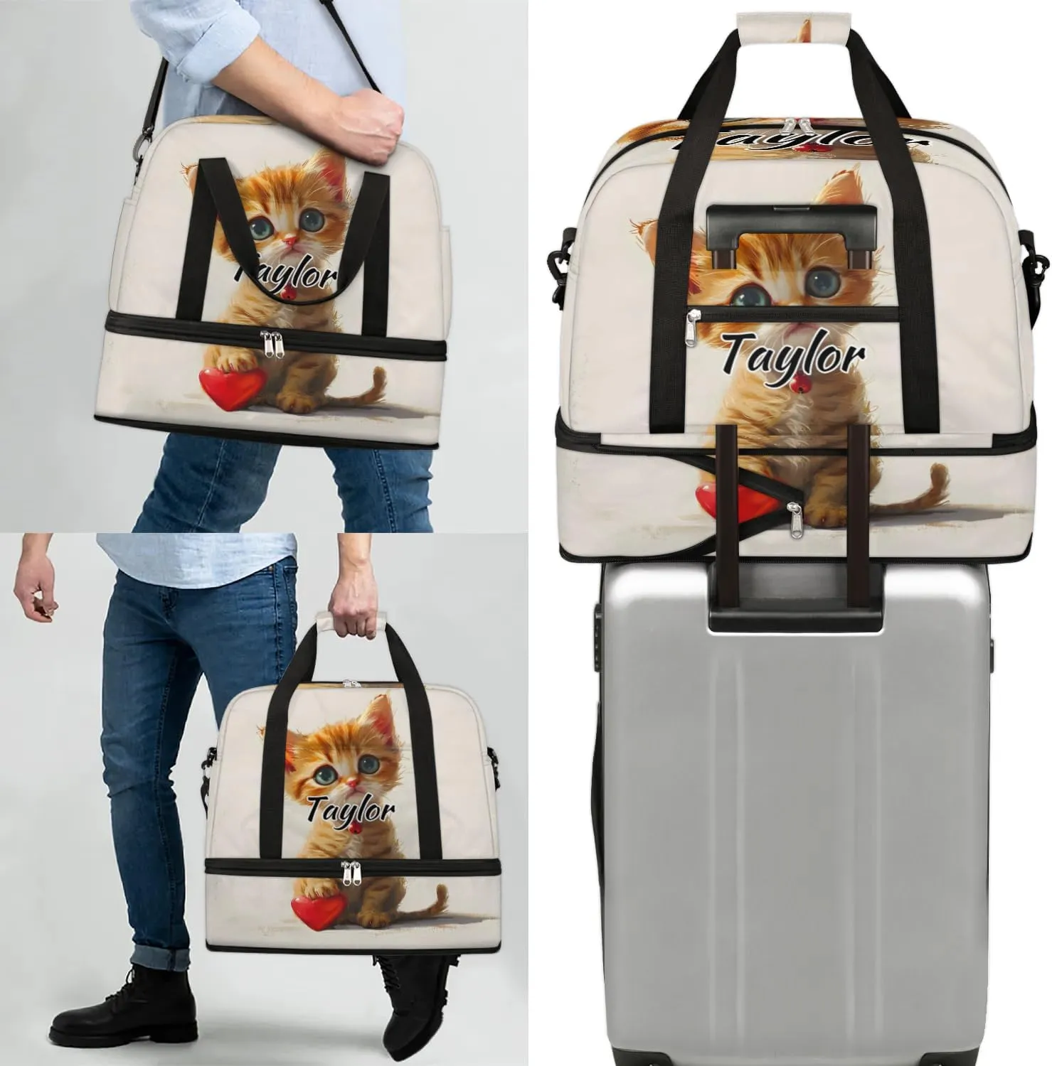 Personalized Duffel Bag with Name, Custom Cat Travel Sports Gym Yoga Beach Bag Customized Weekender Overnight Bag with Shoes Compartment for Women, Cute Cartoon Kitty
