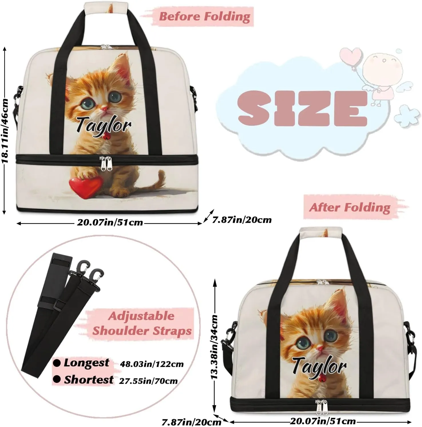 Personalized Duffel Bag with Name, Custom Cat Travel Sports Gym Yoga Beach Bag Customized Weekender Overnight Bag with Shoes Compartment for Women, Cute Cartoon Kitty