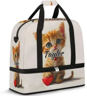 Personalized Duffel Bag with Name, Custom Cat Travel Sports Gym Yoga Beach Bag Customized Weekender Overnight Bag with Shoes Compartment for Women, Cute Cartoon Kitty