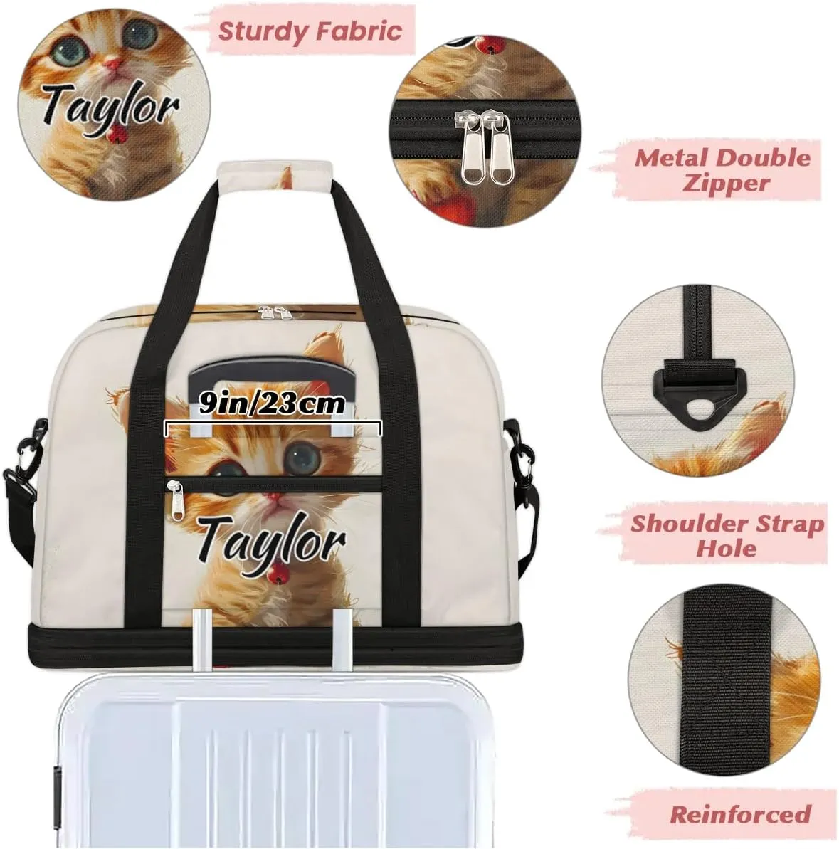 Personalized Duffel Bag with Name, Custom Cat Travel Sports Gym Yoga Beach Bag Customized Weekender Overnight Bag with Shoes Compartment for Women, Cute Cartoon Kitty