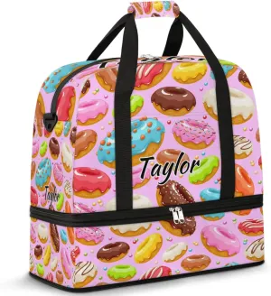 Personalized Duffel Bag with Name, Custom Colorful Donuts Travel Sports Gym Yoga Beach Bag Customized Weekender Overnight Bag with Shoes Compartment for Women, Donuts