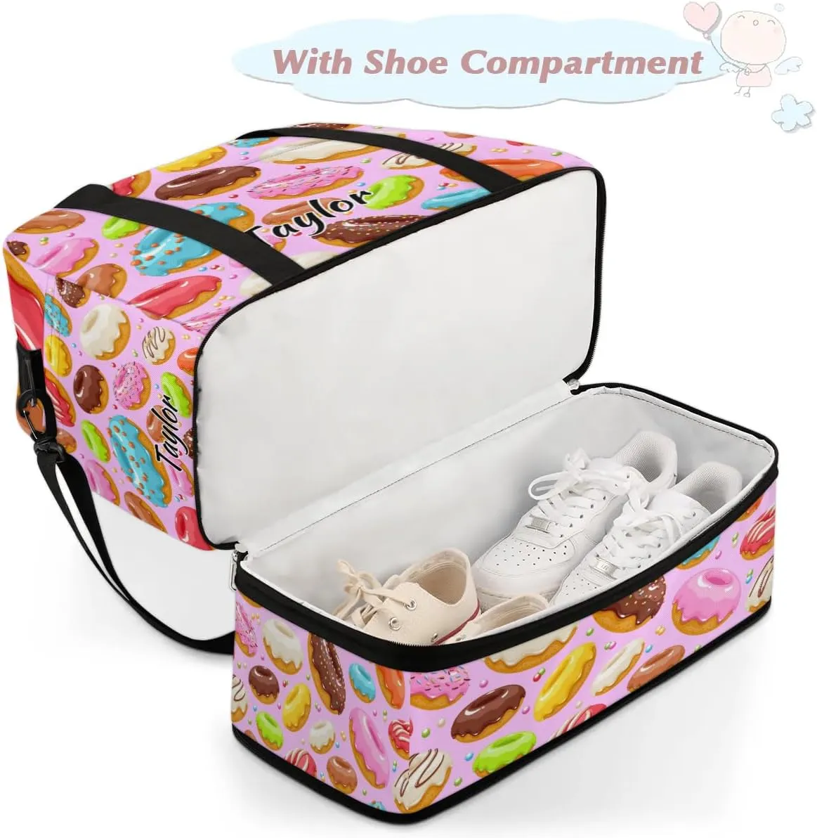Personalized Duffel Bag with Name, Custom Colorful Donuts Travel Sports Gym Yoga Beach Bag Customized Weekender Overnight Bag with Shoes Compartment for Women, Donuts