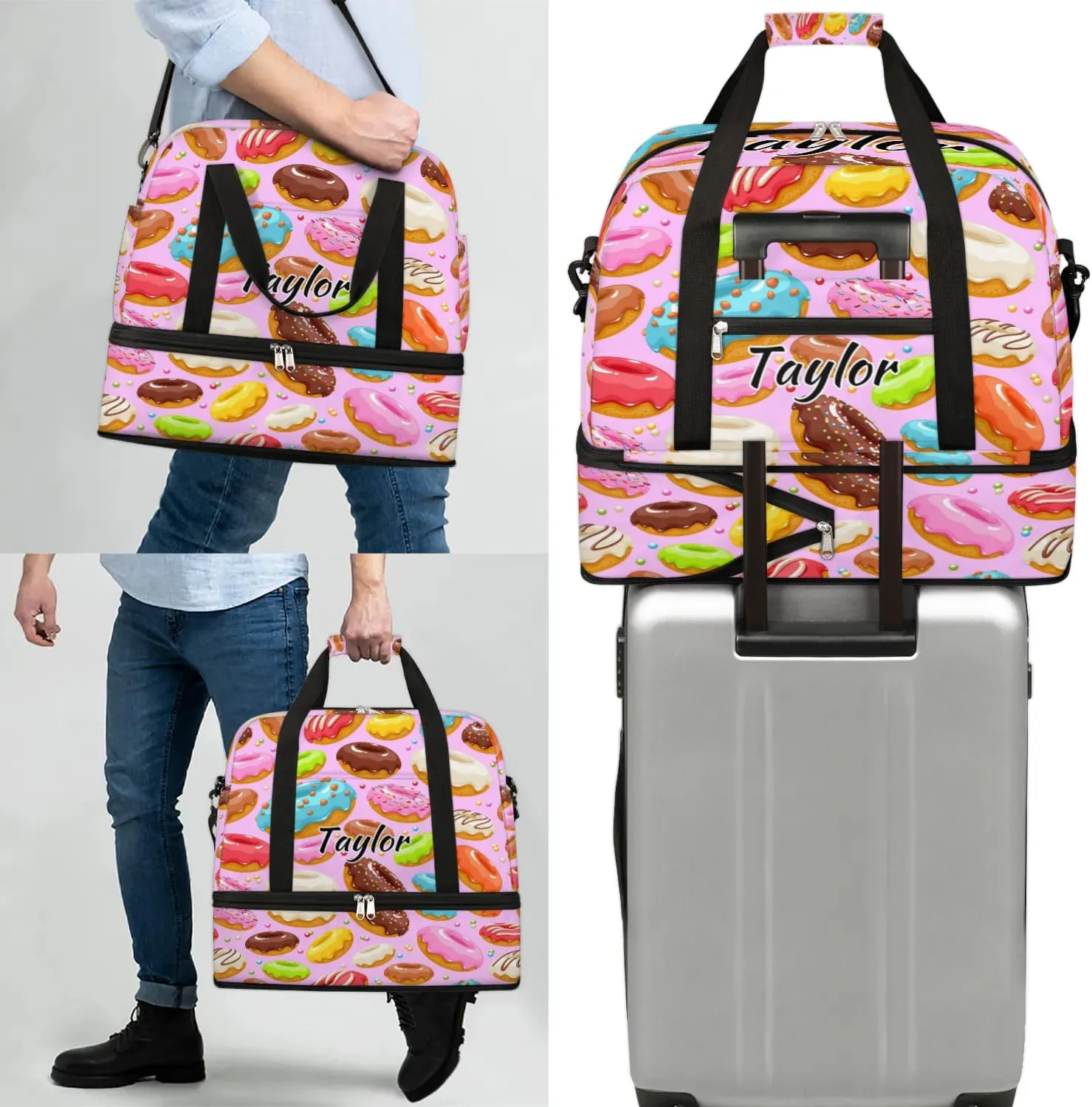 Personalized Duffel Bag with Name, Custom Colorful Donuts Travel Sports Gym Yoga Beach Bag Customized Weekender Overnight Bag with Shoes Compartment for Women, Donuts