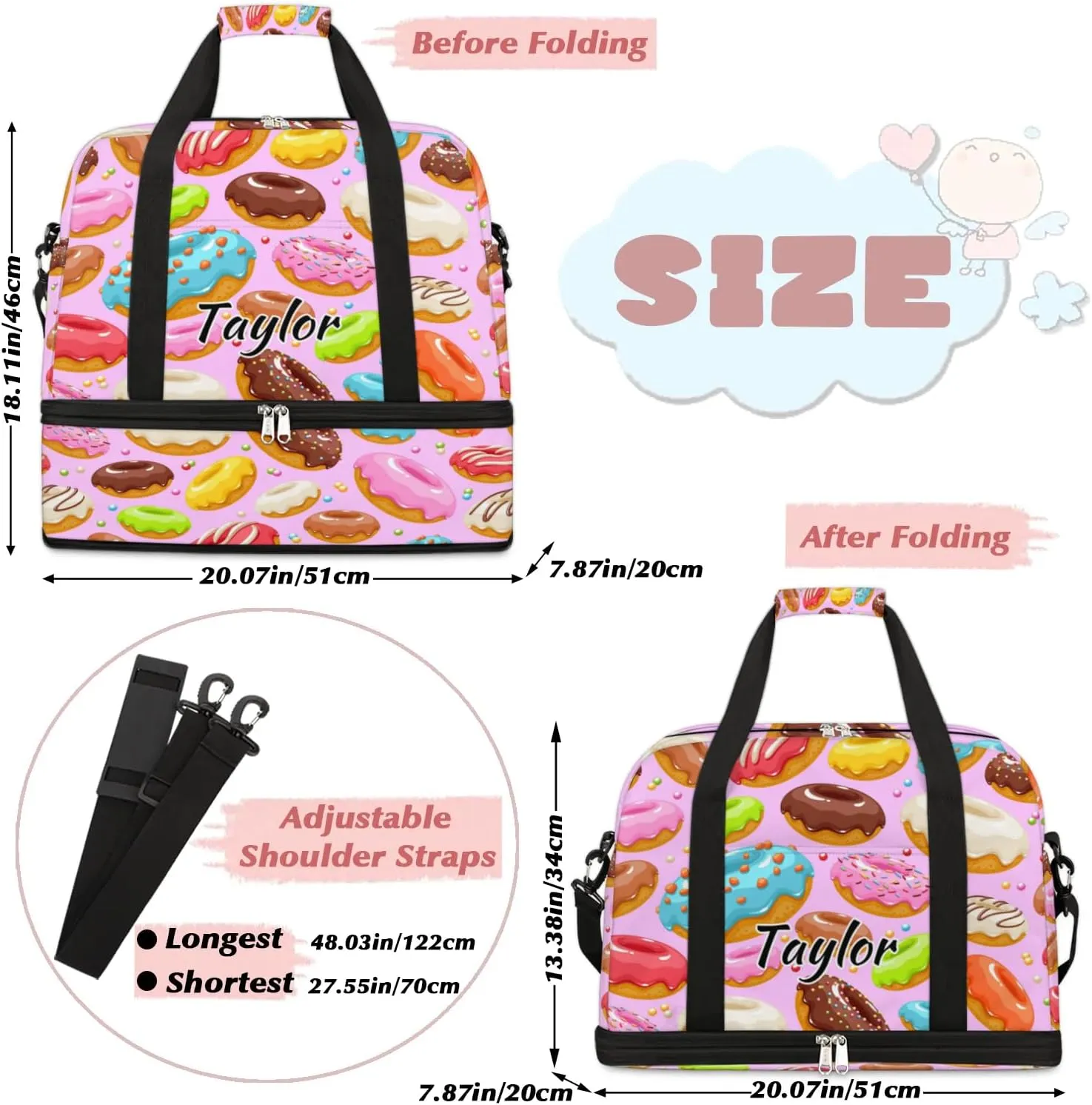 Personalized Duffel Bag with Name, Custom Colorful Donuts Travel Sports Gym Yoga Beach Bag Customized Weekender Overnight Bag with Shoes Compartment for Women, Donuts