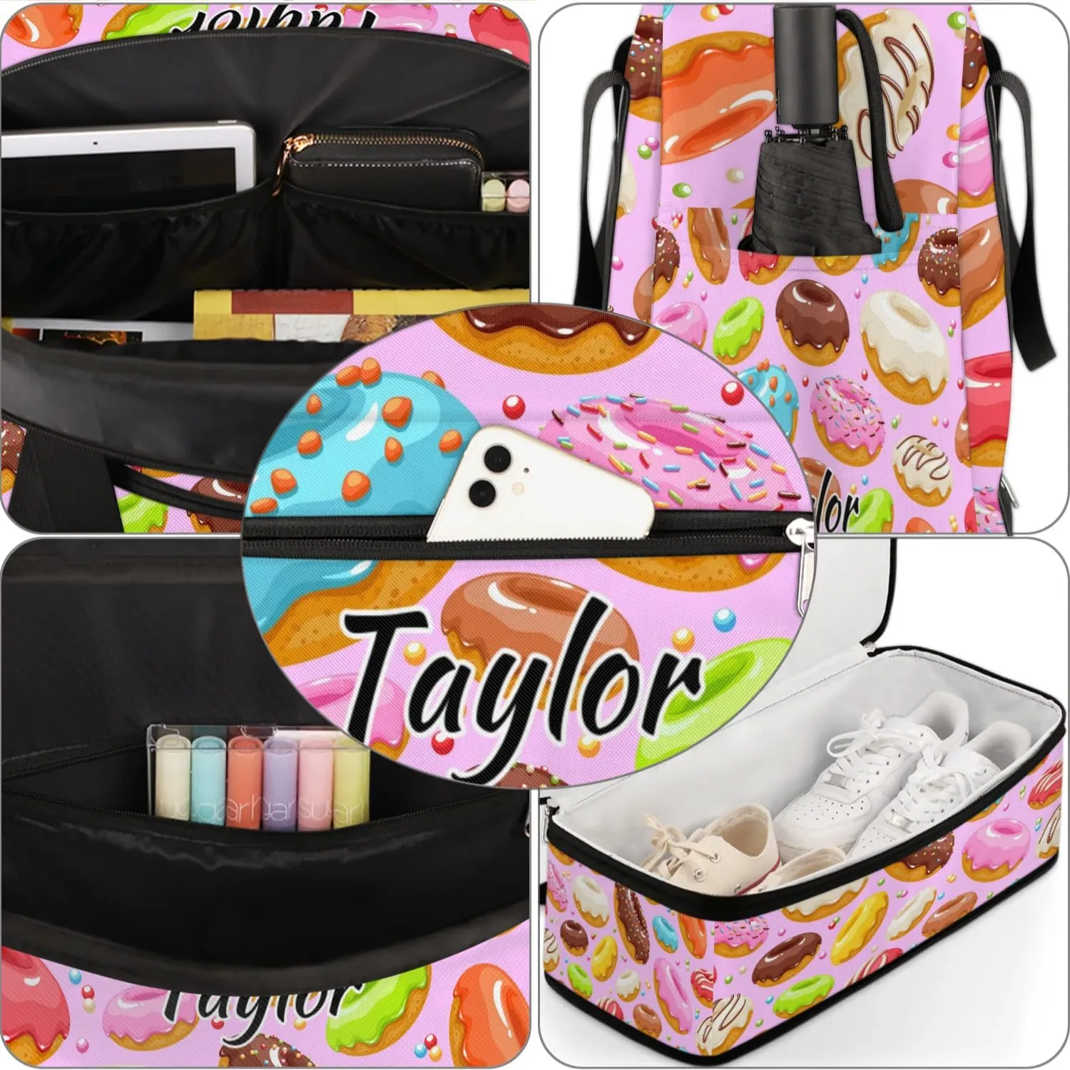 Personalized Duffel Bag with Name, Custom Colorful Donuts Travel Sports Gym Yoga Beach Bag Customized Weekender Overnight Bag with Shoes Compartment for Women, Donuts