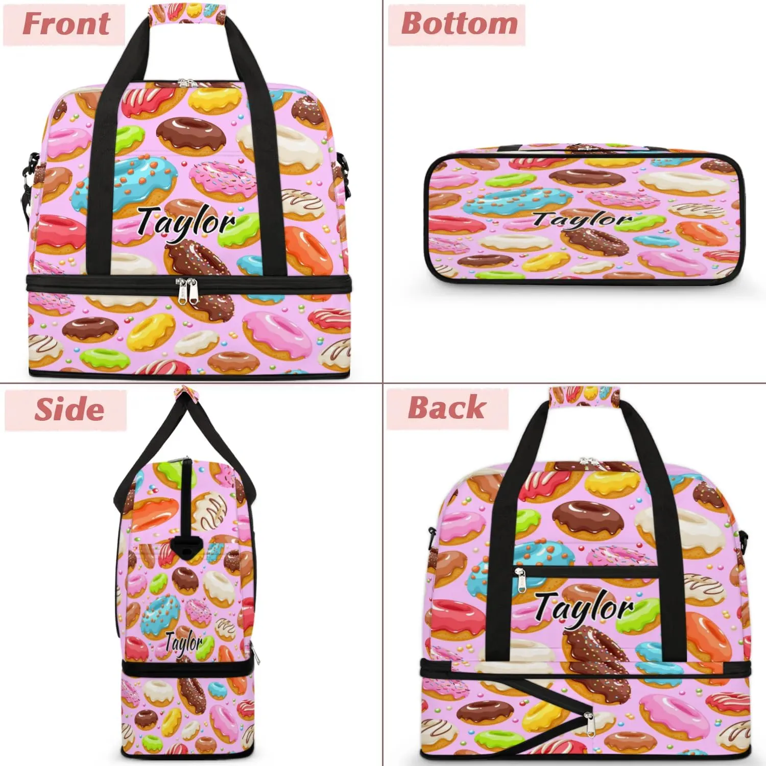 Personalized Duffel Bag with Name, Custom Colorful Donuts Travel Sports Gym Yoga Beach Bag Customized Weekender Overnight Bag with Shoes Compartment for Women, Donuts