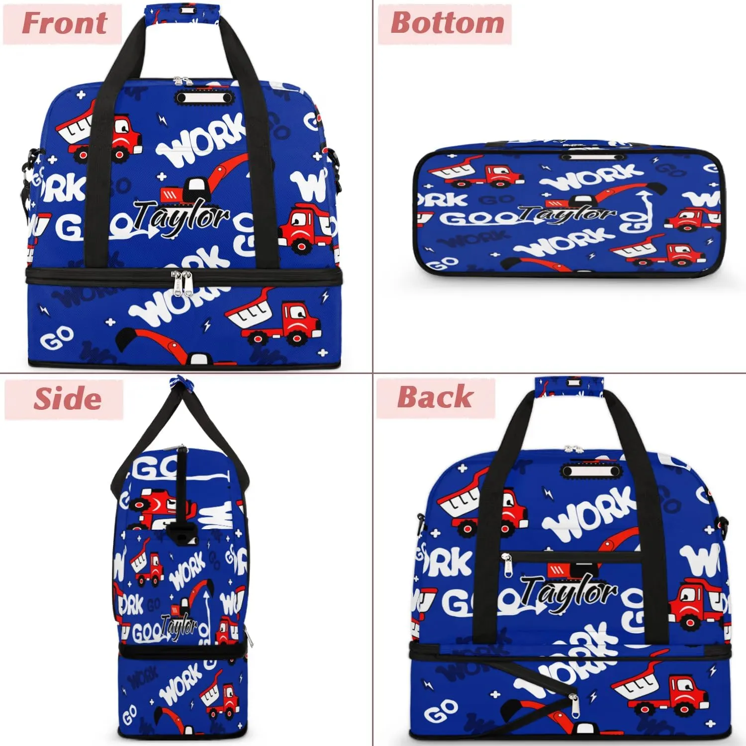Personalized Duffel Bag with Name, Custom Construction Truck Travel Sports Gym Yoga Beach Bag Customized Weekender Overnight Bag with Shoes Compartment for Women, Red Truck