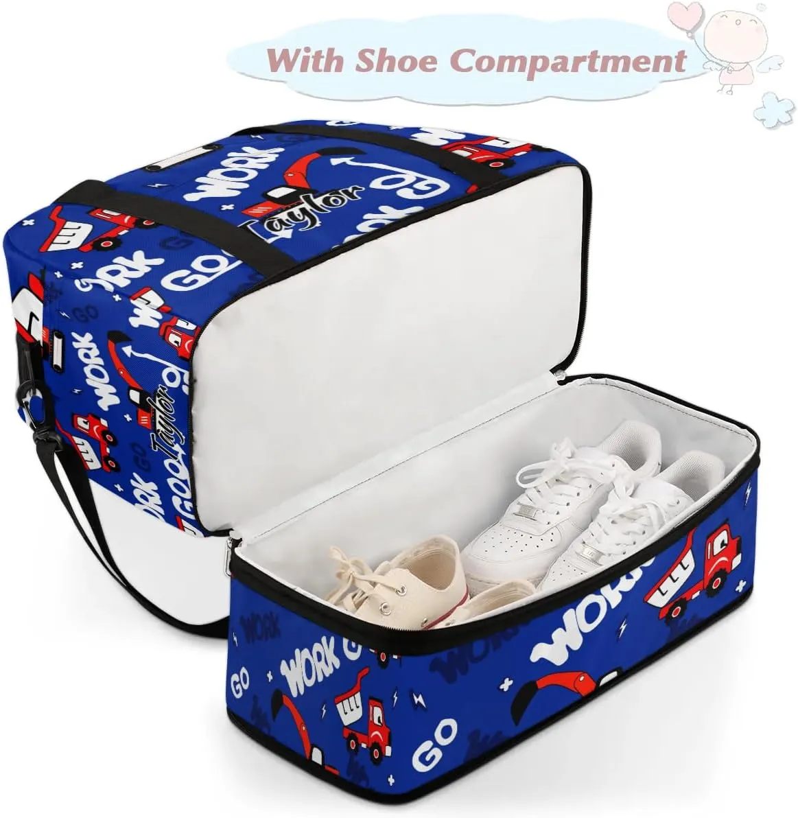Personalized Duffel Bag with Name, Custom Construction Truck Travel Sports Gym Yoga Beach Bag Customized Weekender Overnight Bag with Shoes Compartment for Women, Red Truck