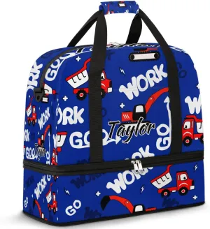 Personalized Duffel Bag with Name, Custom Construction Truck Travel Sports Gym Yoga Beach Bag Customized Weekender Overnight Bag with Shoes Compartment for Women, Red Truck