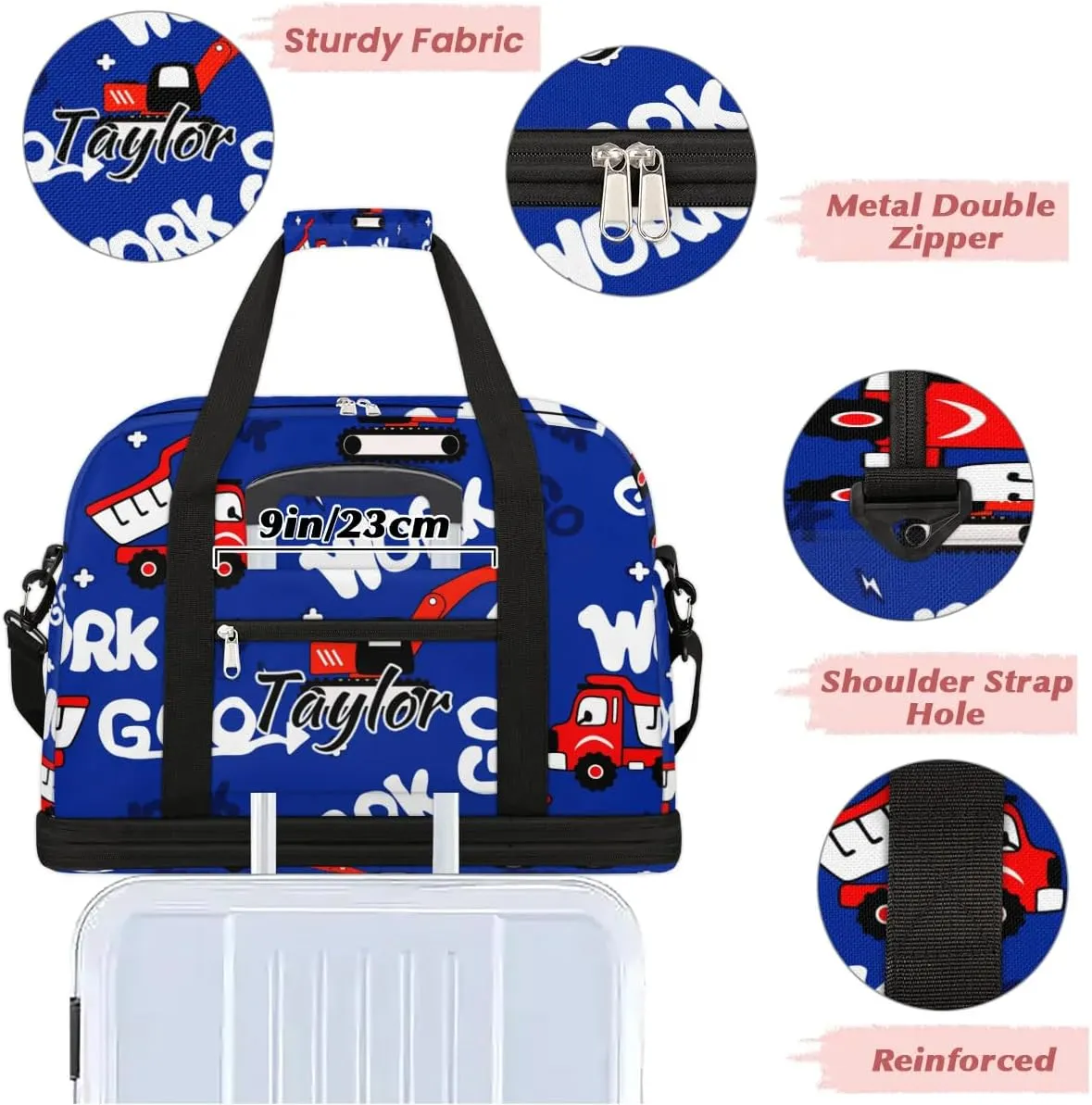 Personalized Duffel Bag with Name, Custom Construction Truck Travel Sports Gym Yoga Beach Bag Customized Weekender Overnight Bag with Shoes Compartment for Women, Red Truck