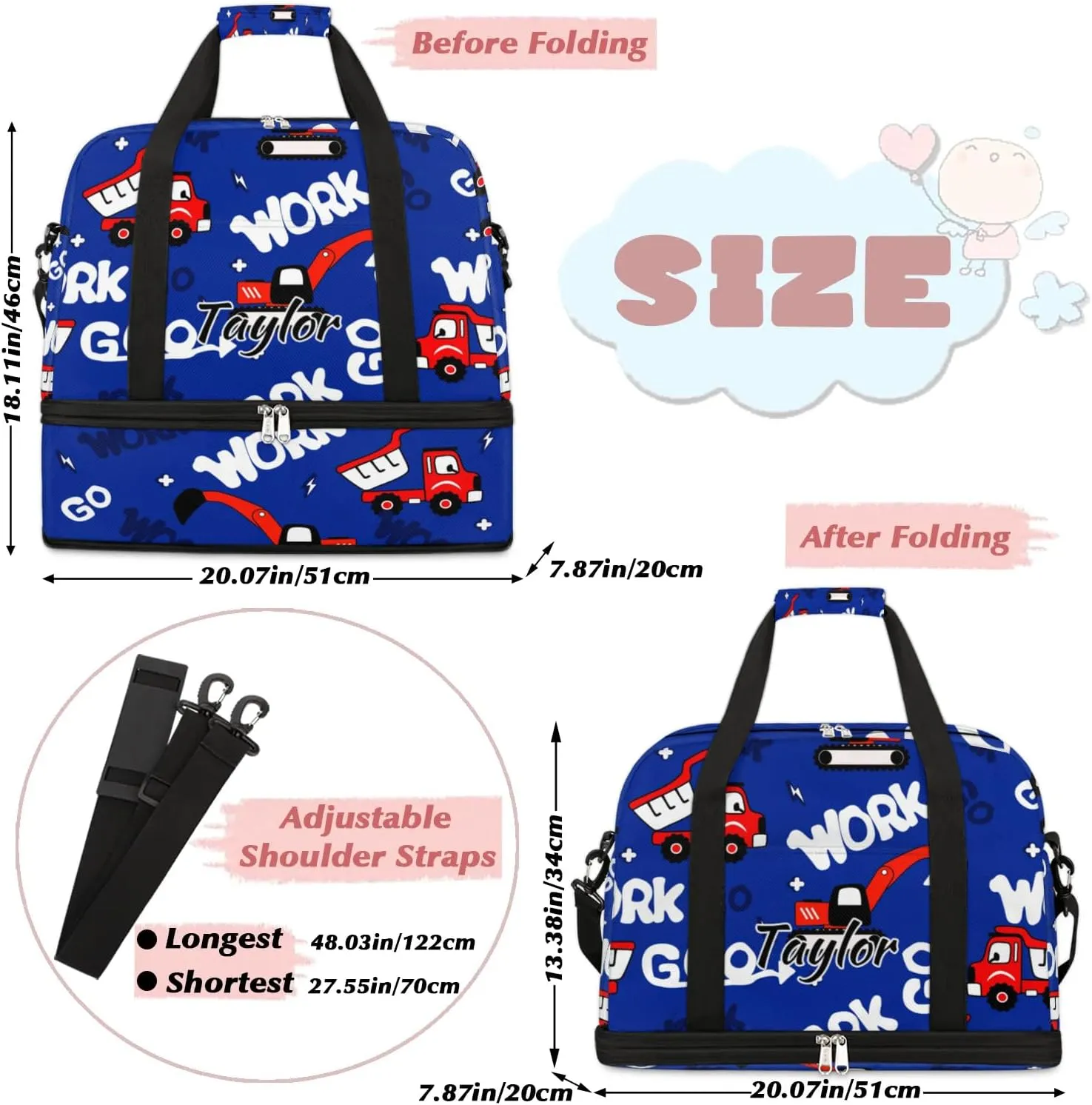 Personalized Duffel Bag with Name, Custom Construction Truck Travel Sports Gym Yoga Beach Bag Customized Weekender Overnight Bag with Shoes Compartment for Women, Red Truck
