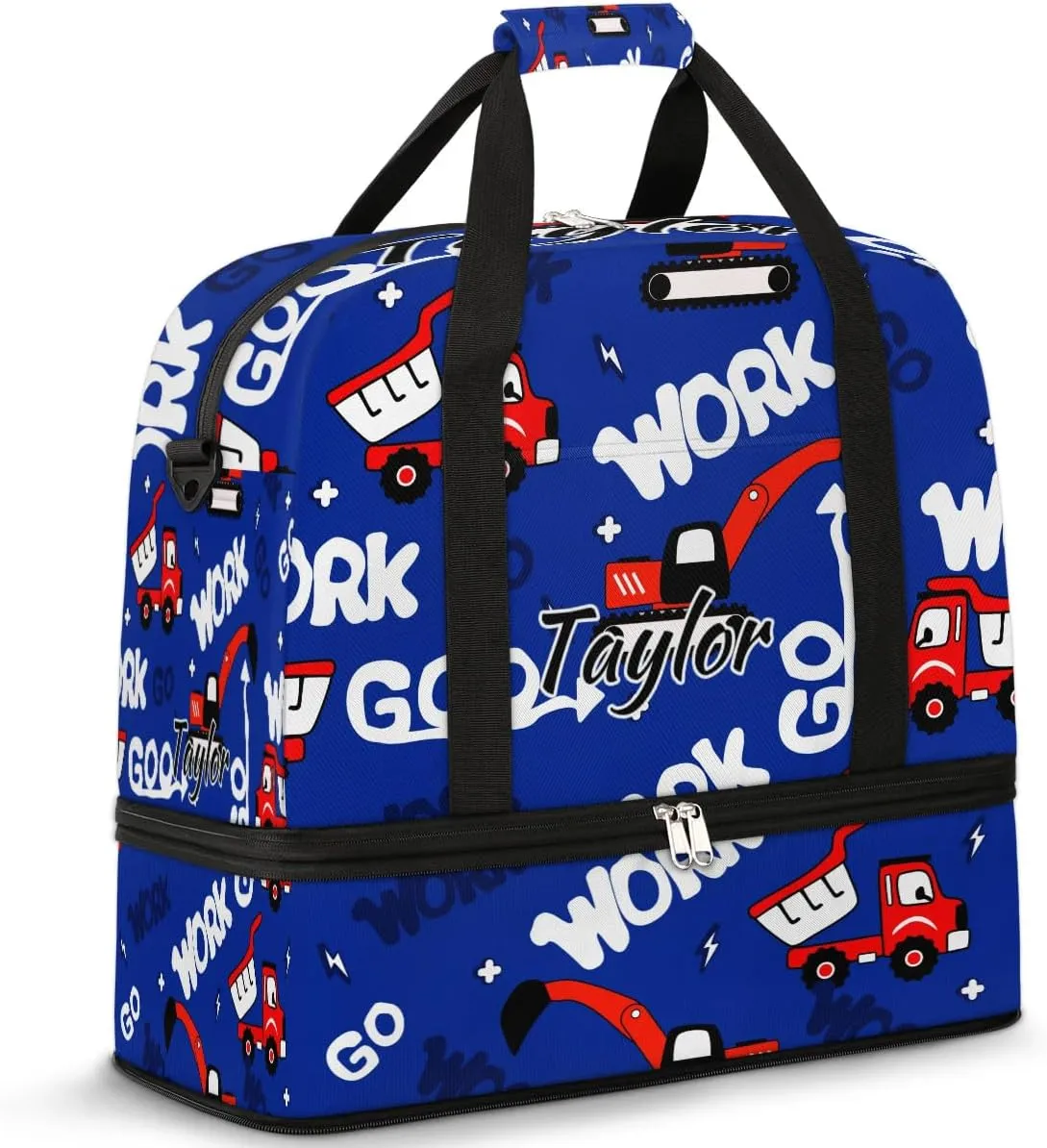 Personalized Duffel Bag with Name, Custom Construction Truck Travel Sports Gym Yoga Beach Bag Customized Weekender Overnight Bag with Shoes Compartment for Women, Red Truck