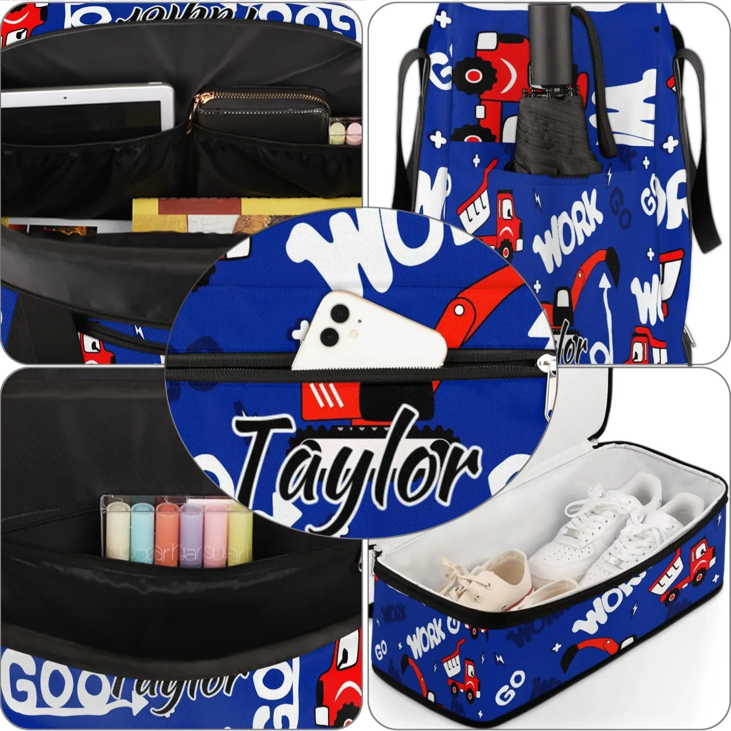 Personalized Duffel Bag with Name, Custom Construction Truck Travel Sports Gym Yoga Beach Bag Customized Weekender Overnight Bag with Shoes Compartment for Women, Red Truck