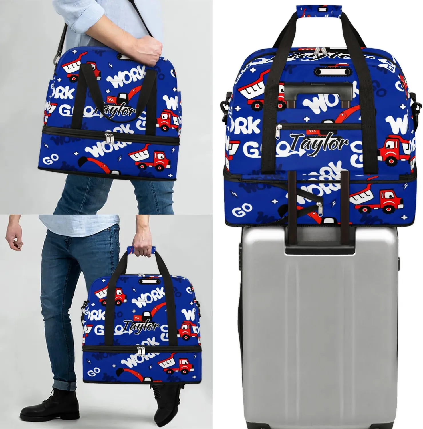 Personalized Duffel Bag with Name, Custom Construction Truck Travel Sports Gym Yoga Beach Bag Customized Weekender Overnight Bag with Shoes Compartment for Women, Red Truck