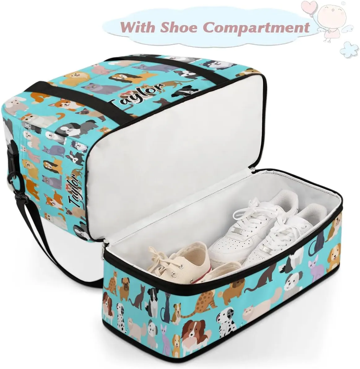 Personalized Duffel Bag with Name, Custom Cute Cat Dog Travel Sports Gym Yoga Beach Bag Customized Weekender Overnight Bag with Shoes Compartment for Women, Set Funny Puppy Kitten