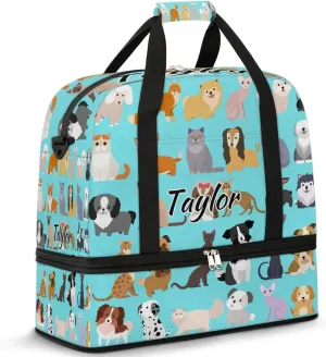 Personalized Duffel Bag with Name, Custom Cute Cat Dog Travel Sports Gym Yoga Beach Bag Customized Weekender Overnight Bag with Shoes Compartment for Women, Set Funny Puppy Kitten