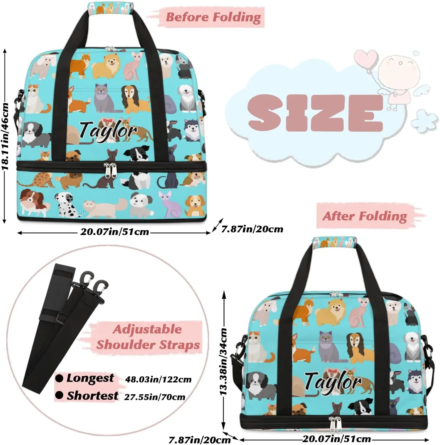 Personalized Duffel Bag with Name, Custom Cute Cat Dog Travel Sports Gym Yoga Beach Bag Customized Weekender Overnight Bag with Shoes Compartment for Women, Set Funny Puppy Kitten