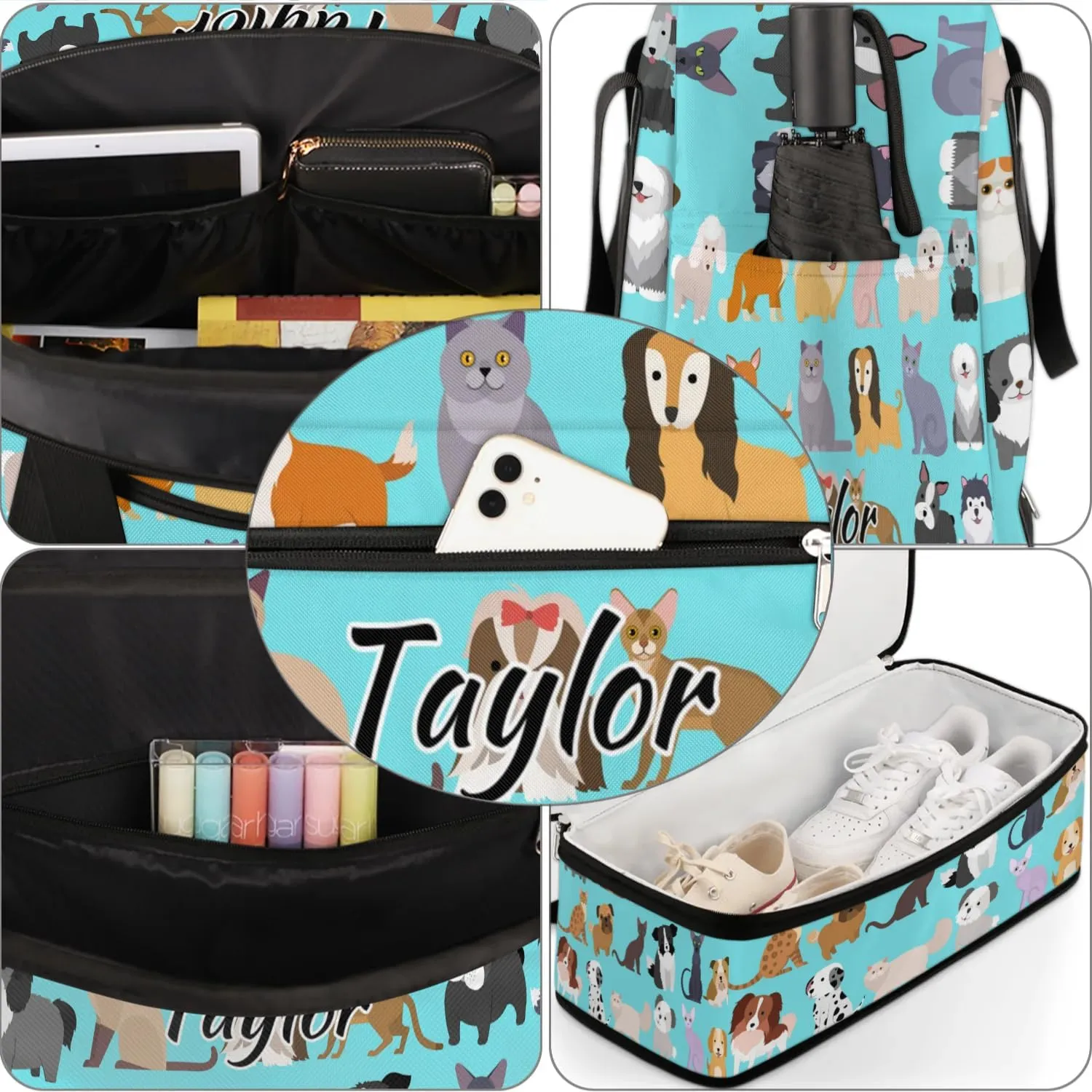 Personalized Duffel Bag with Name, Custom Cute Cat Dog Travel Sports Gym Yoga Beach Bag Customized Weekender Overnight Bag with Shoes Compartment for Women, Set Funny Puppy Kitten
