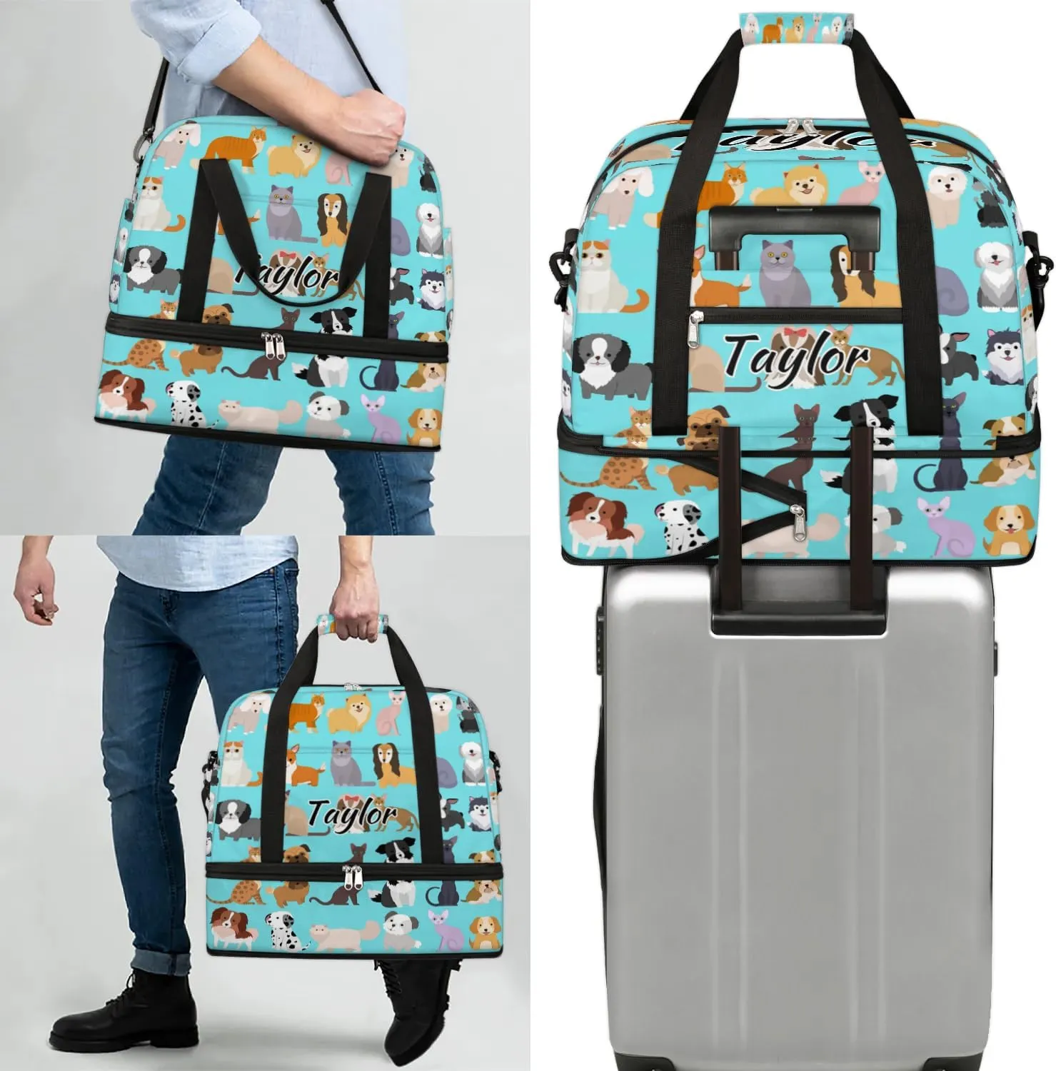 Personalized Duffel Bag with Name, Custom Cute Cat Dog Travel Sports Gym Yoga Beach Bag Customized Weekender Overnight Bag with Shoes Compartment for Women, Set Funny Puppy Kitten