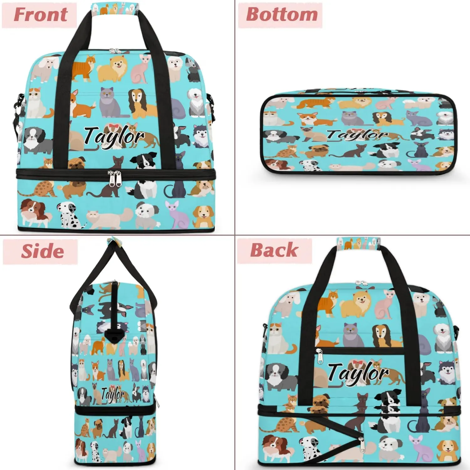 Personalized Duffel Bag with Name, Custom Cute Cat Dog Travel Sports Gym Yoga Beach Bag Customized Weekender Overnight Bag with Shoes Compartment for Women, Set Funny Puppy Kitten