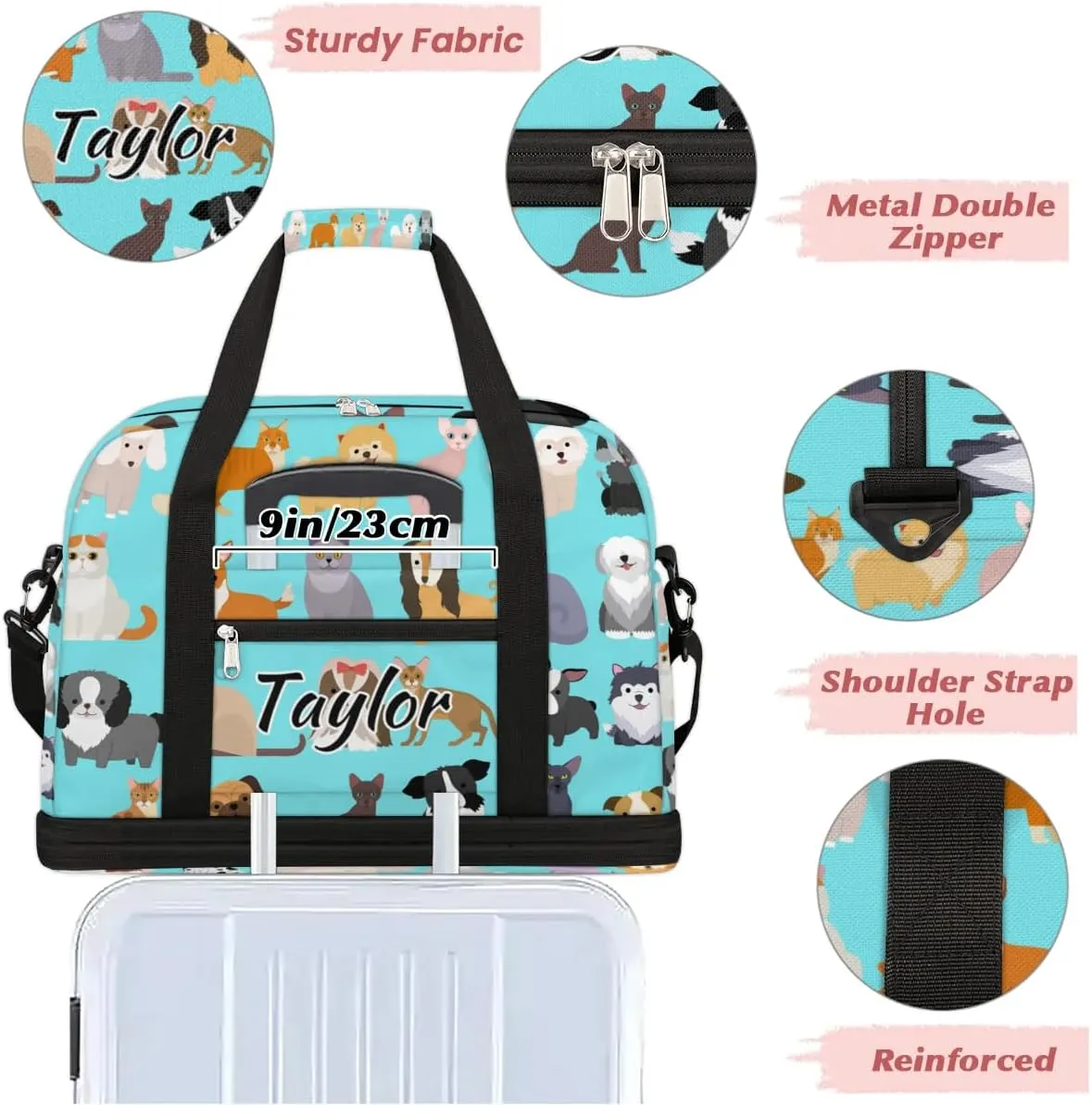 Personalized Duffel Bag with Name, Custom Cute Cat Dog Travel Sports Gym Yoga Beach Bag Customized Weekender Overnight Bag with Shoes Compartment for Women, Set Funny Puppy Kitten