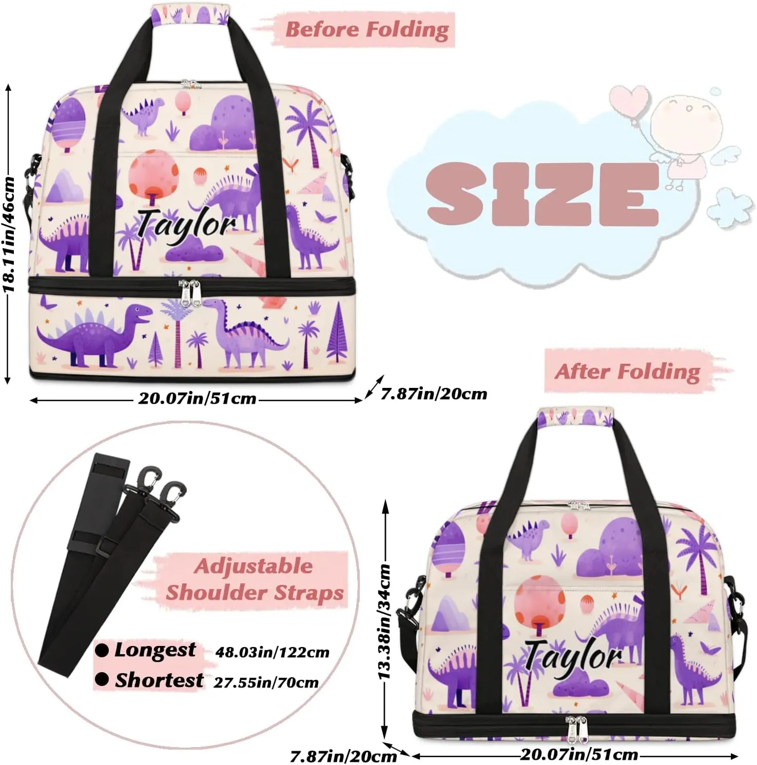 Personalized Duffel Bag with Name, Custom Dinosaur Travel Sports Gym Yoga Beach Bag Customized Weekender Overnight Bag with Shoes Compartment for Women, Dinosaur Themed