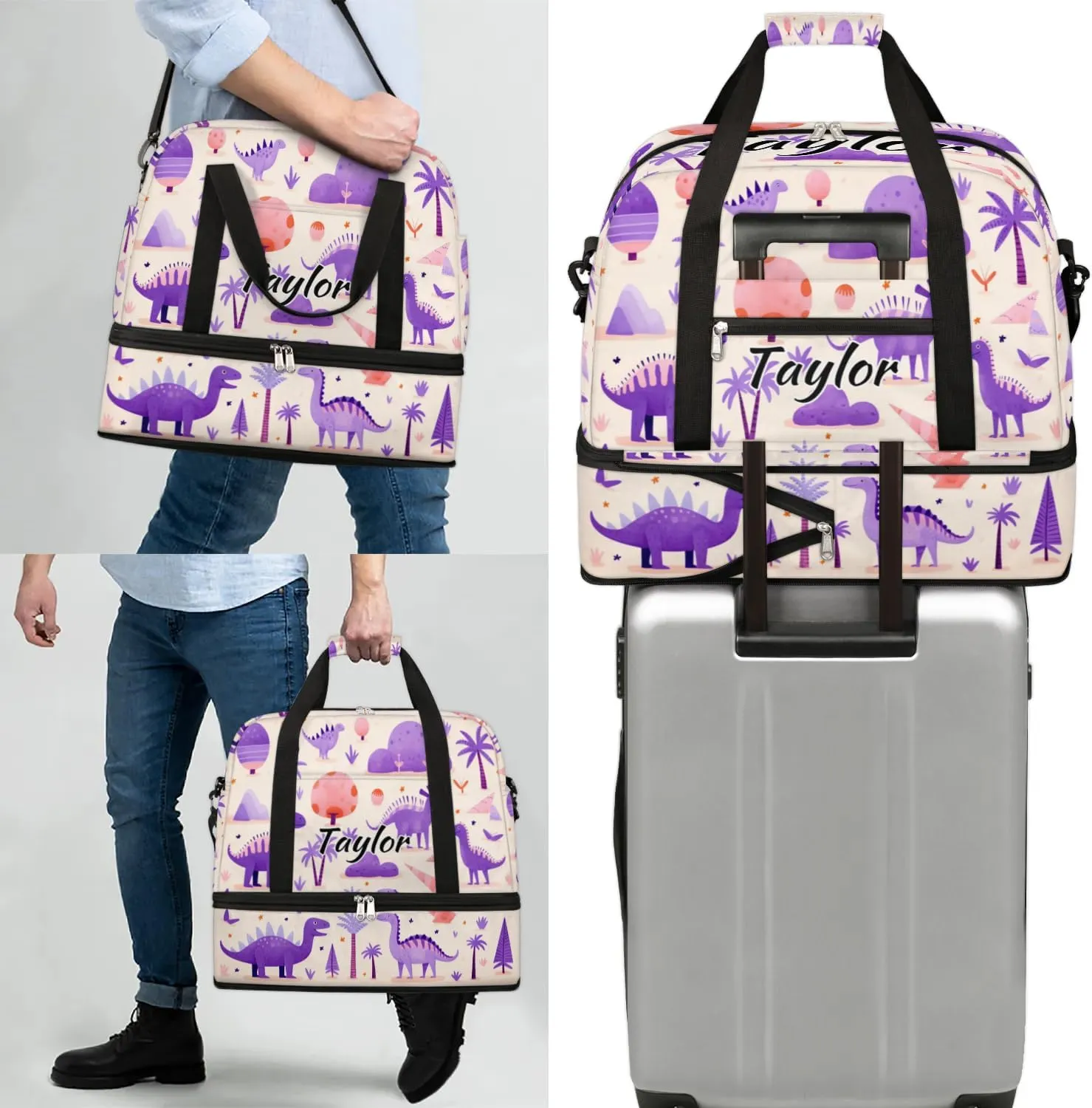 Personalized Duffel Bag with Name, Custom Dinosaur Travel Sports Gym Yoga Beach Bag Customized Weekender Overnight Bag with Shoes Compartment for Women, Dinosaur Themed