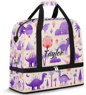 Personalized Duffel Bag with Name, Custom Dinosaur Travel Sports Gym Yoga Beach Bag Customized Weekender Overnight Bag with Shoes Compartment for Women, Dinosaur Themed
