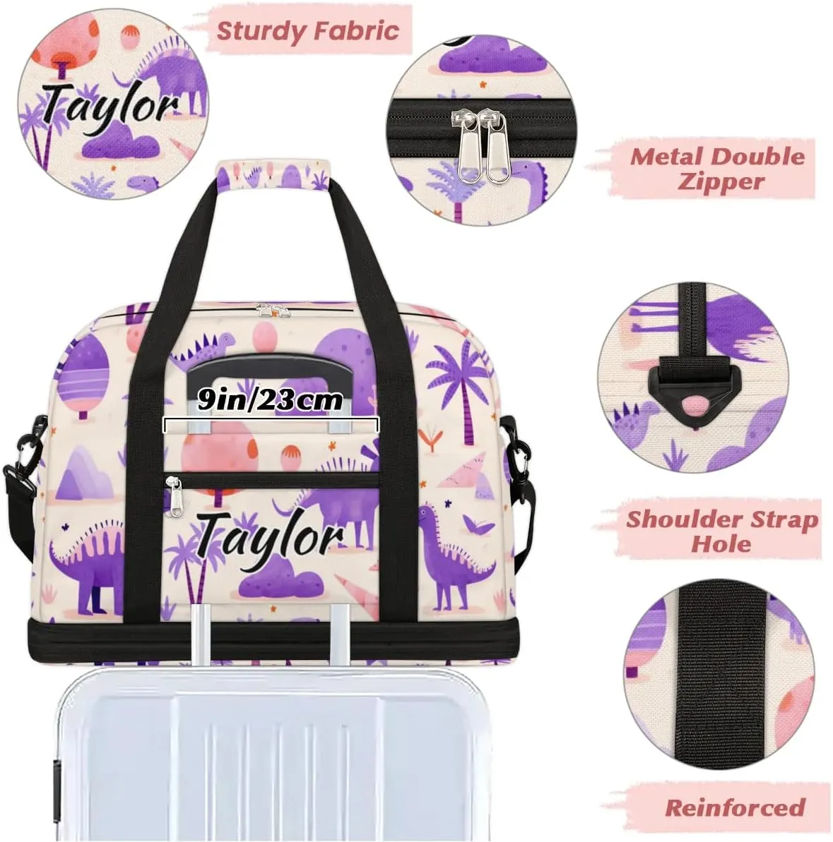 Personalized Duffel Bag with Name, Custom Dinosaur Travel Sports Gym Yoga Beach Bag Customized Weekender Overnight Bag with Shoes Compartment for Women, Dinosaur Themed
